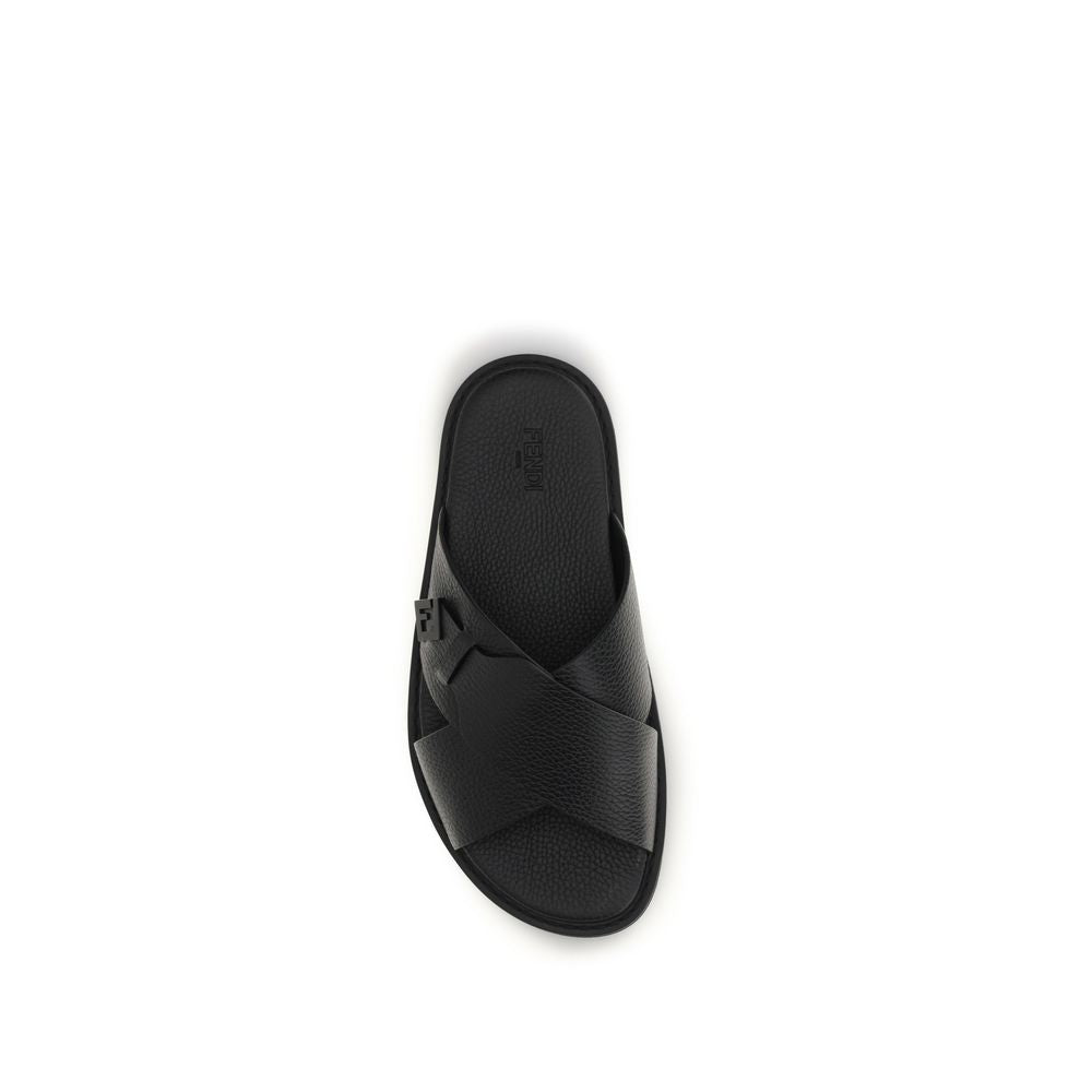 Fendi Men's Bos Taurus Calfskin Leather Flat Slider Sandals - Black