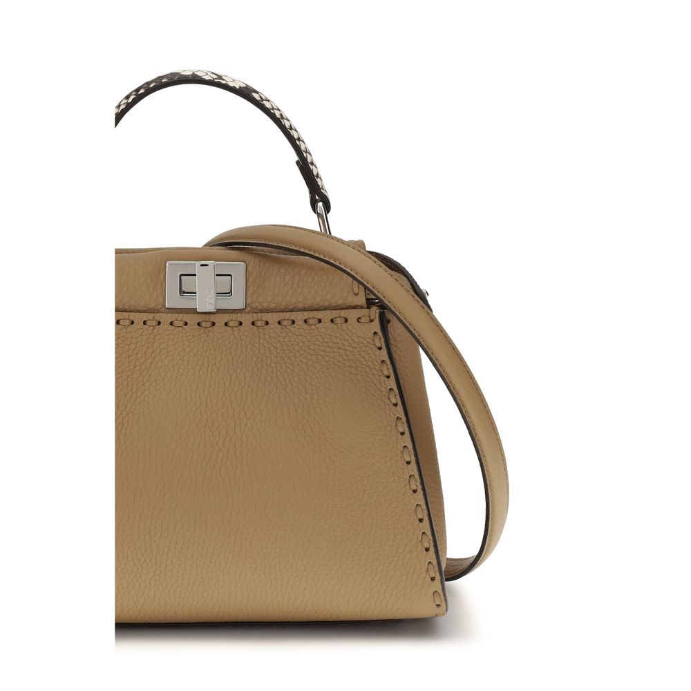 Fendi Icon Selleria Bos Taurus Calfskin Leather & Palladium Mini 2-in-1 Shoulder Crossbody Bag - Beige Natural Palladium Silver Signature