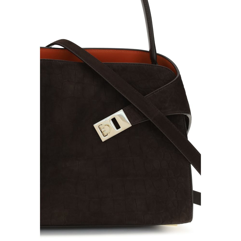 Ferragamo Hug Soft Polyurethane & Bos Taurus Suede Calf Leather Shoulder Bag - Brown Gold Signature Print Print