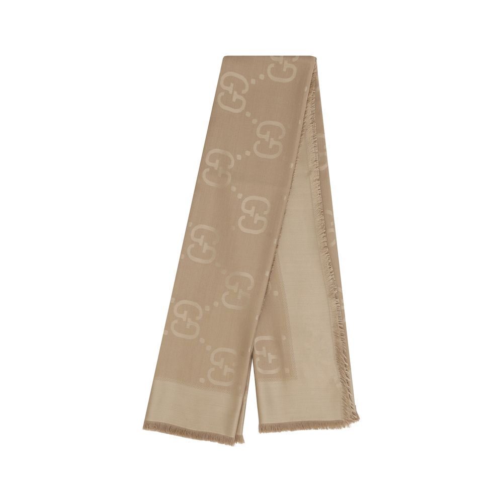 Gucci Gg Wool & Silk Foulard Frayed-Edge Scarf - Brown Patterned Jacquard