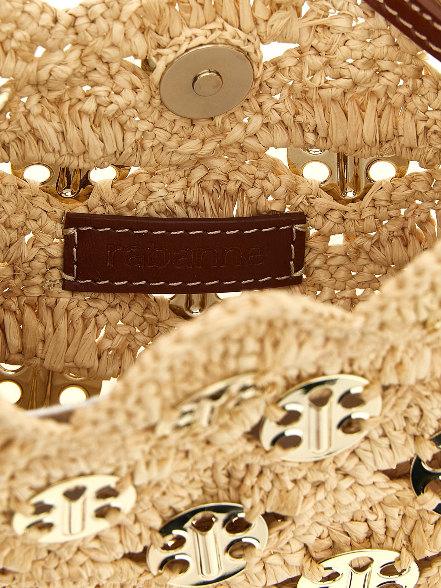 Shoulder Bag by Paco Rabanne for women in leather & brass beige & natural features a statuesque silhouette, showcasing a secure magnetic and statuesque with versatile shoulder-strap & handle for a statuesque finish.