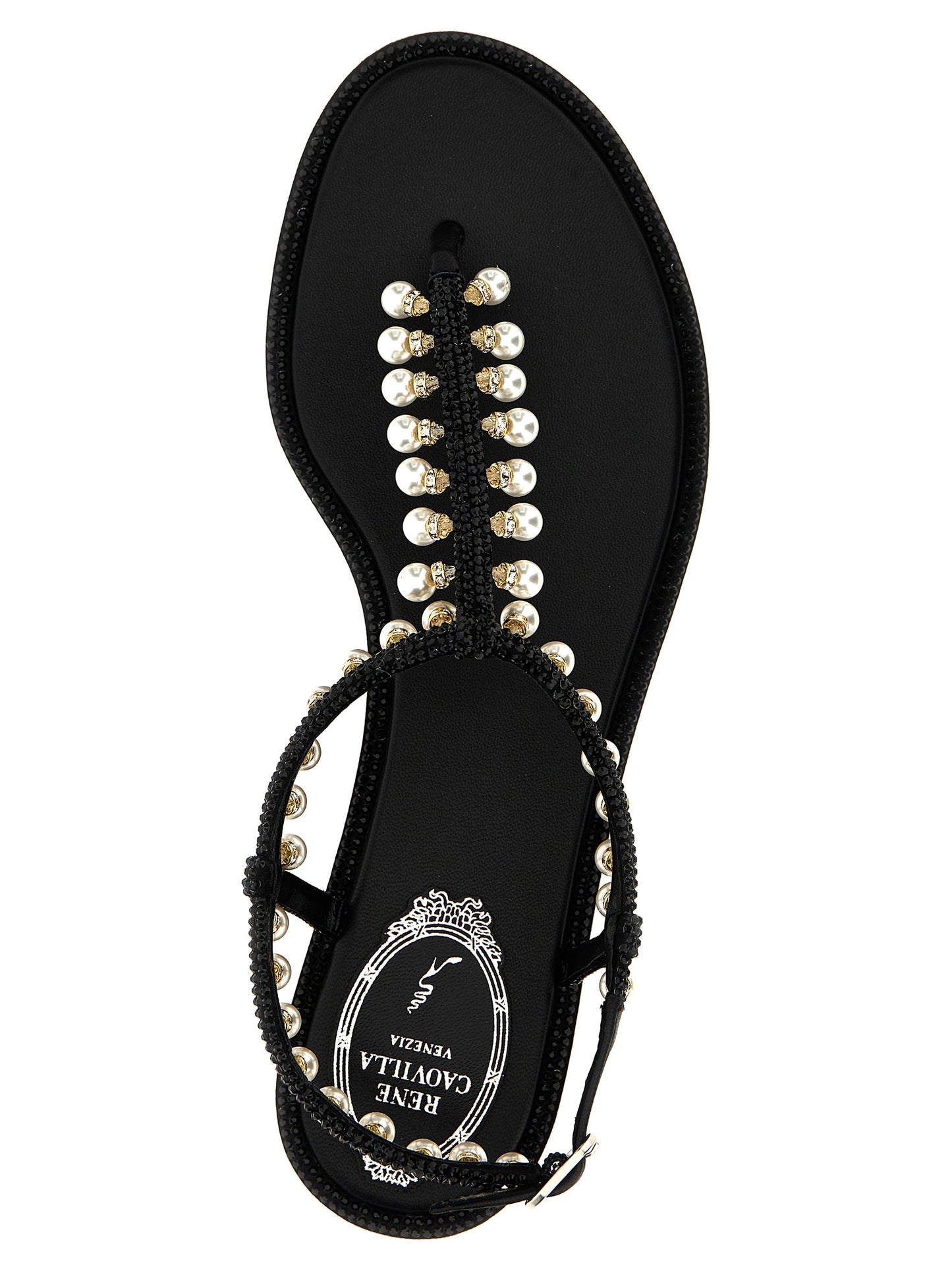 RENE CAOVILLA Women's Viscose Leather & Rhinestone Flat Thong Sandals - Black Pearl