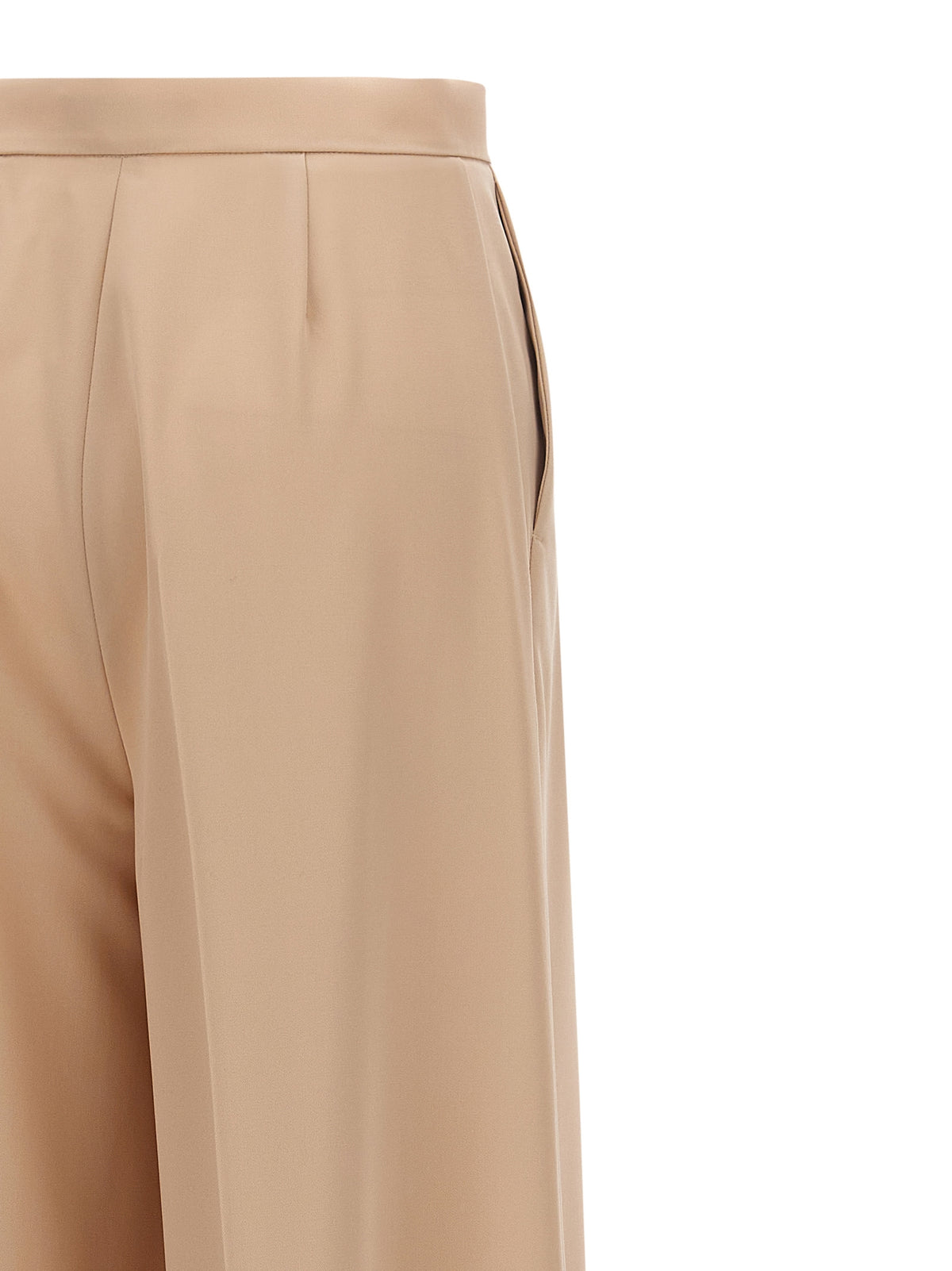 Trousers by Max Mara for women in virgin wool beige & signature features a artisanal silhouette, showcasing a sophisticated wide with a long and high rise for a artisanal finish.
