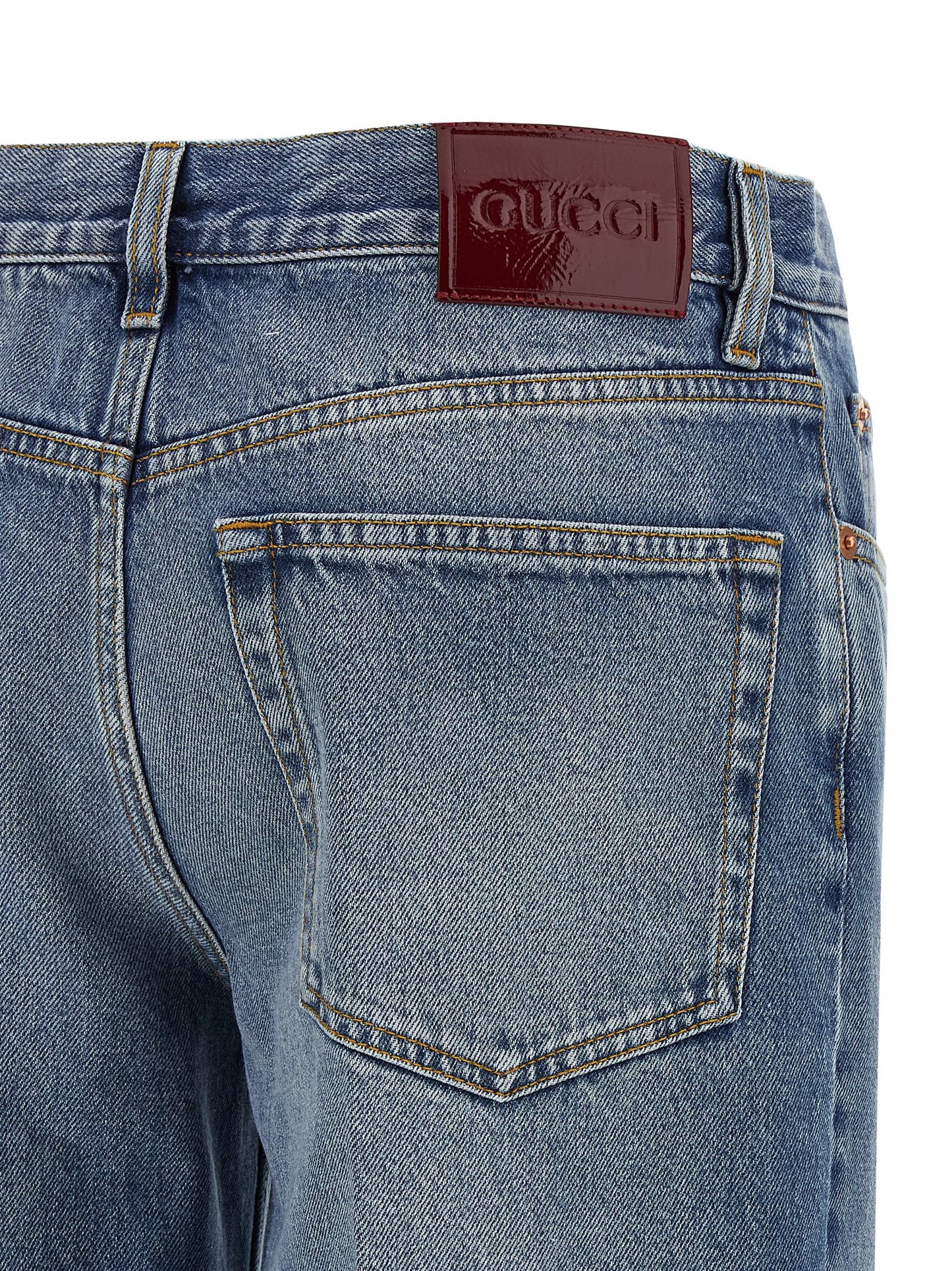 Gucci Women's Straight Leg Denim Cotton Jeans - Light Blue Red Signature