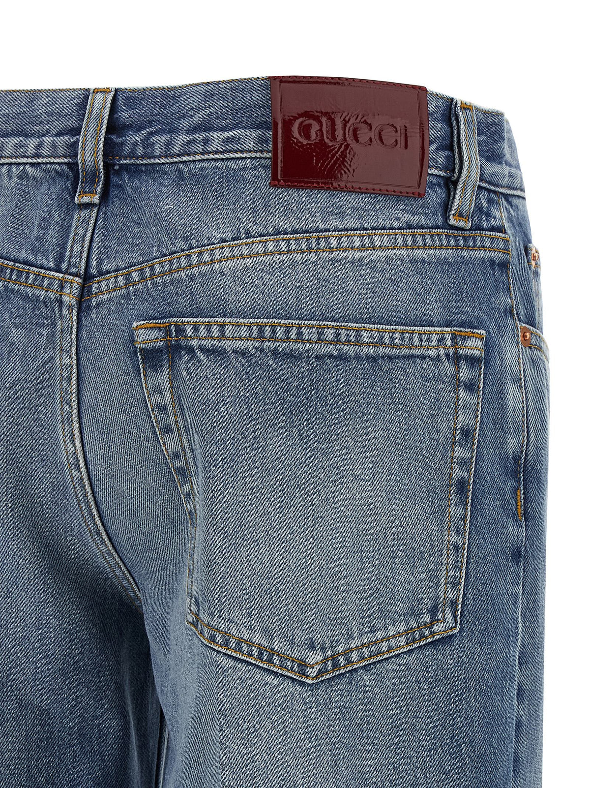 Gucci Women's Straight Leg Denim Cotton Jeans - Light Blue Red Signature
