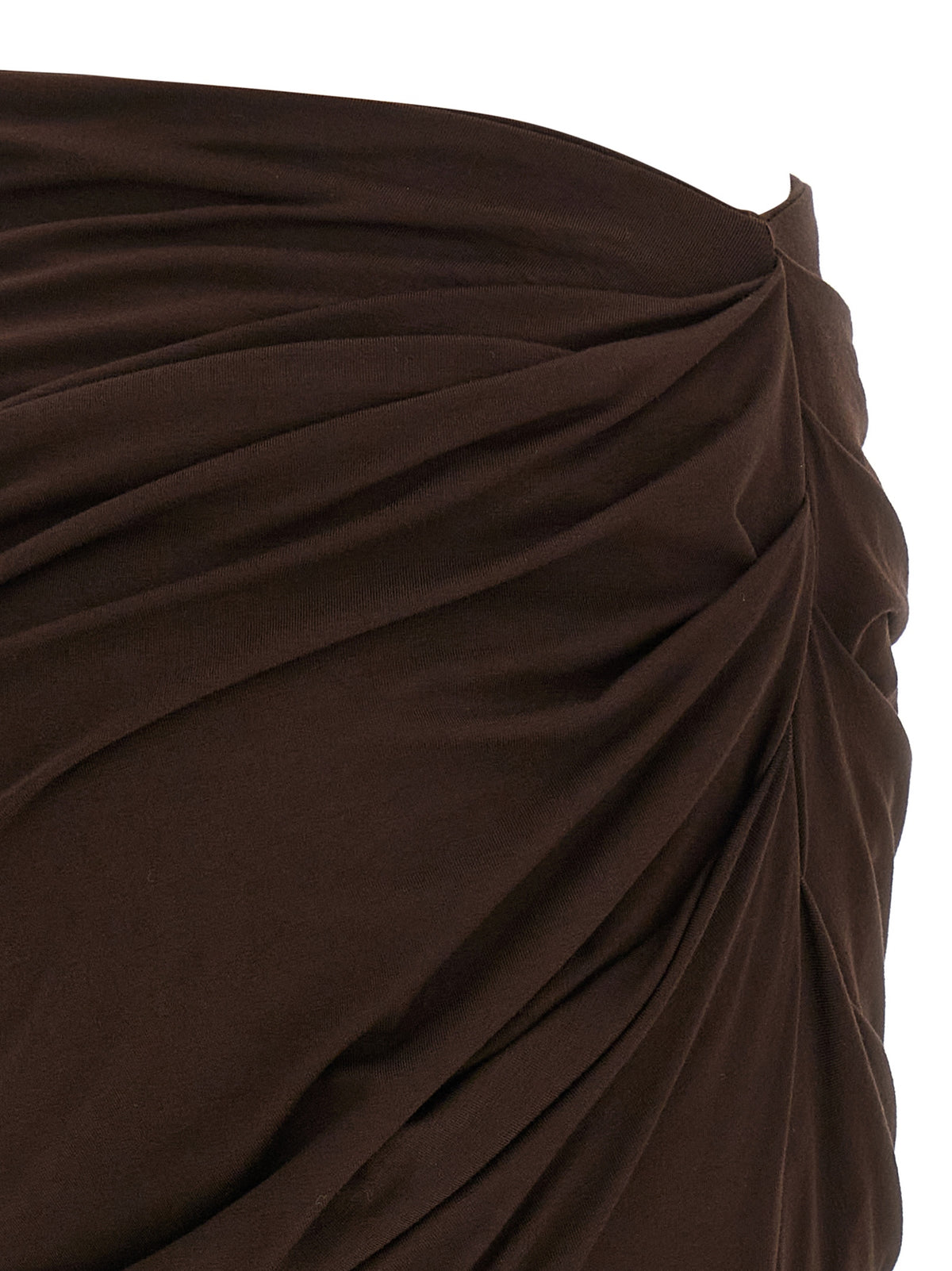 Skirt by Entire Studios for women in stretch viscose brown showcases a sultry silhouette, elegantly defined by its mini and the sophisticated sultry design of the Women's Stretch Viscose Mini Skirt.