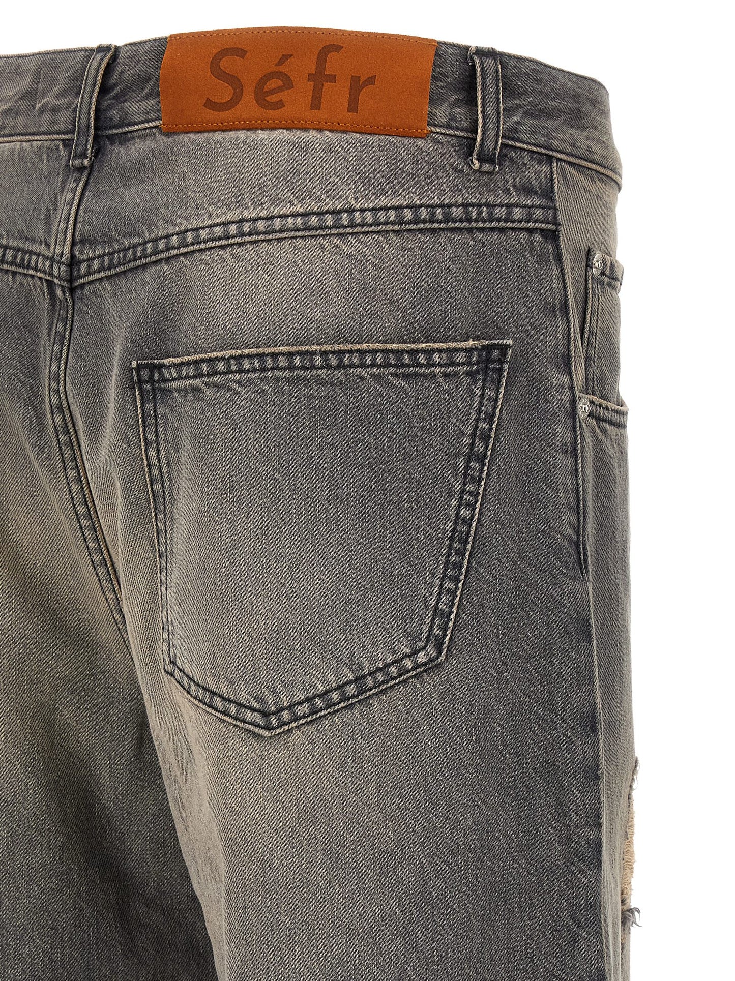 SÉFR Men's Wide Mid Rise Denim Cotton & Suede Leather Jeans - Black