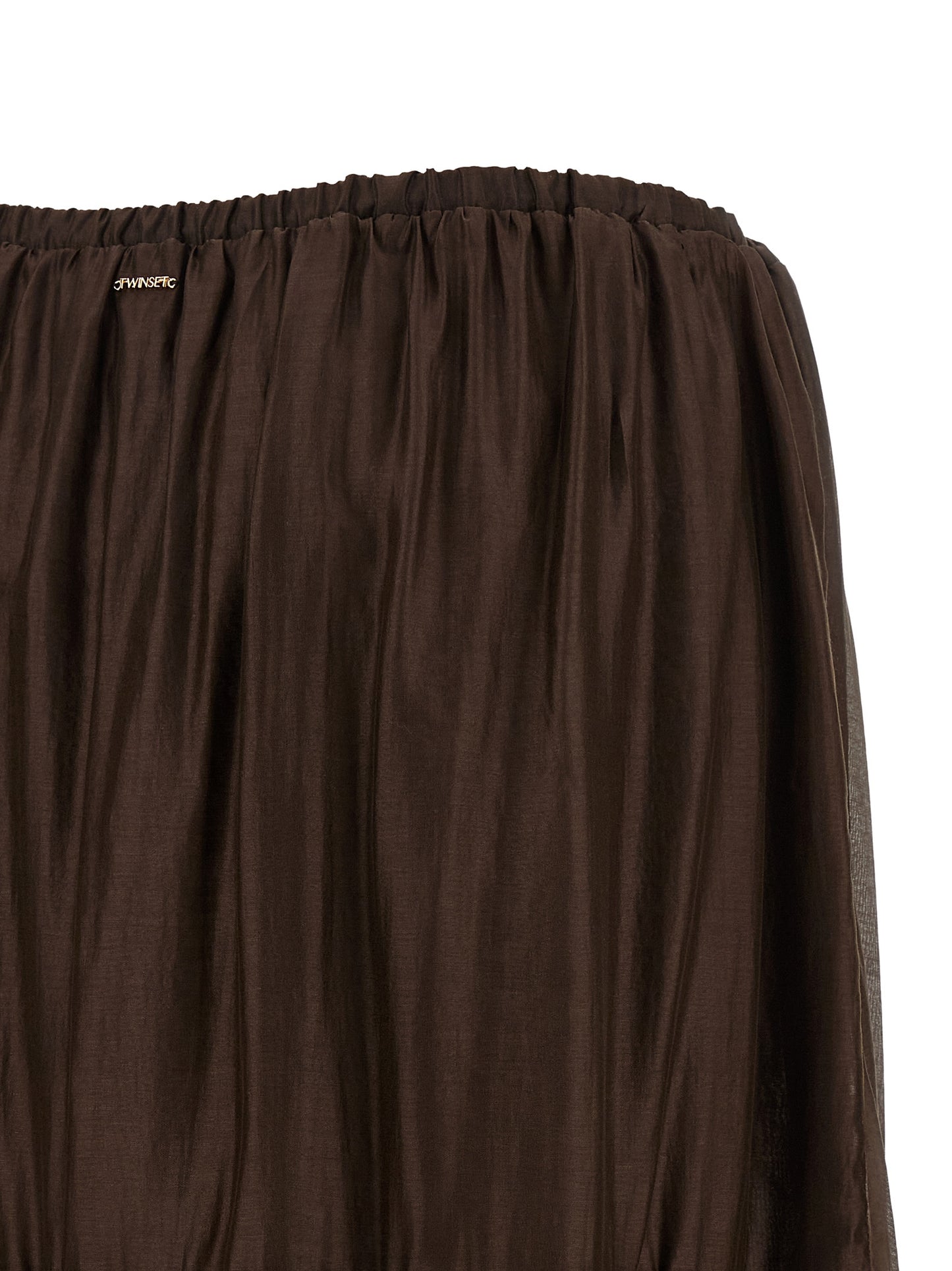 Skirt by Twinset for women in stretch cotton polyester brown & transparent features a sublime silhouette, showcasing the sublime design of the Flow Women's Flared Stretch Cotton Polyester Mini Skirt in a sophisticated mini.