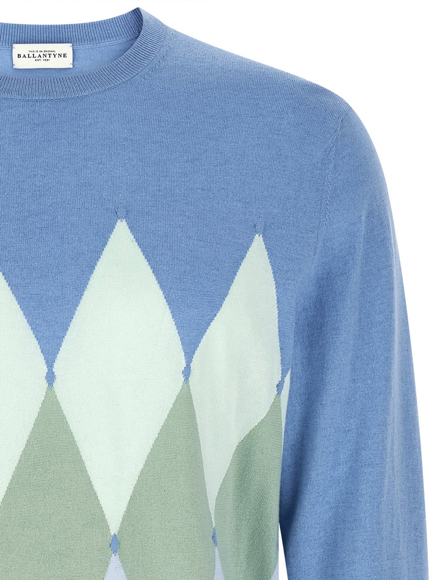 Ballantyne Men's Crew Neck Cashmere Cotton Blend Cardigan - Light Blue Patterned Argyle Jacquard
