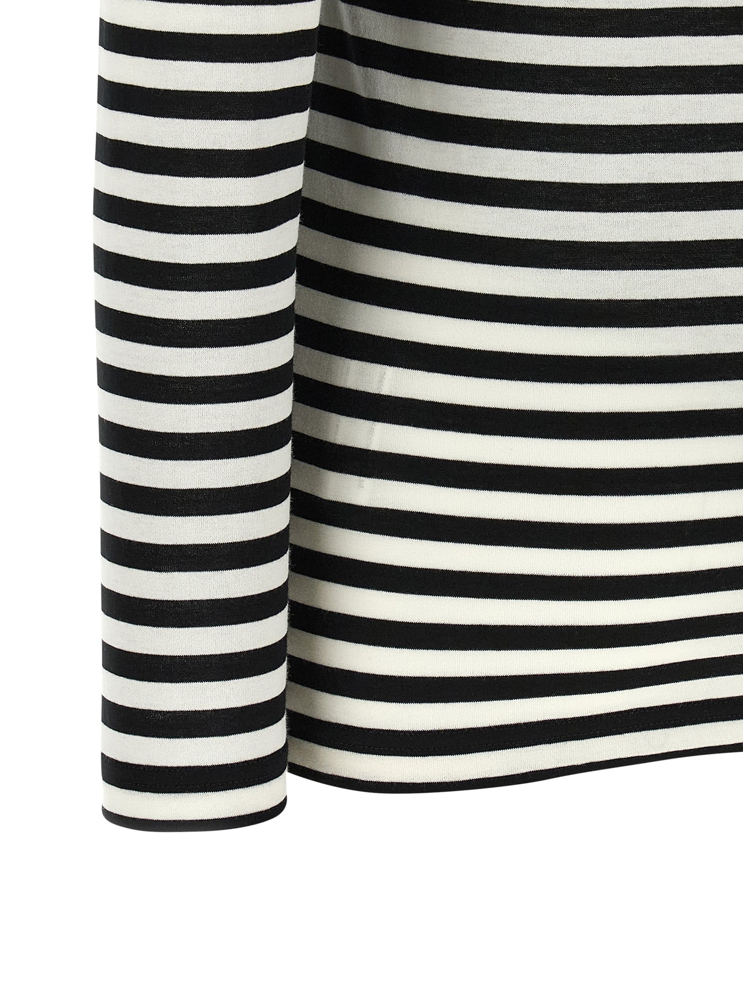 T-Shirt by Junya Watanabe for women in cotton bicolour, black, white & striped showcases a chic silhouette, artfully detailed with a chic and for a chic finish.
