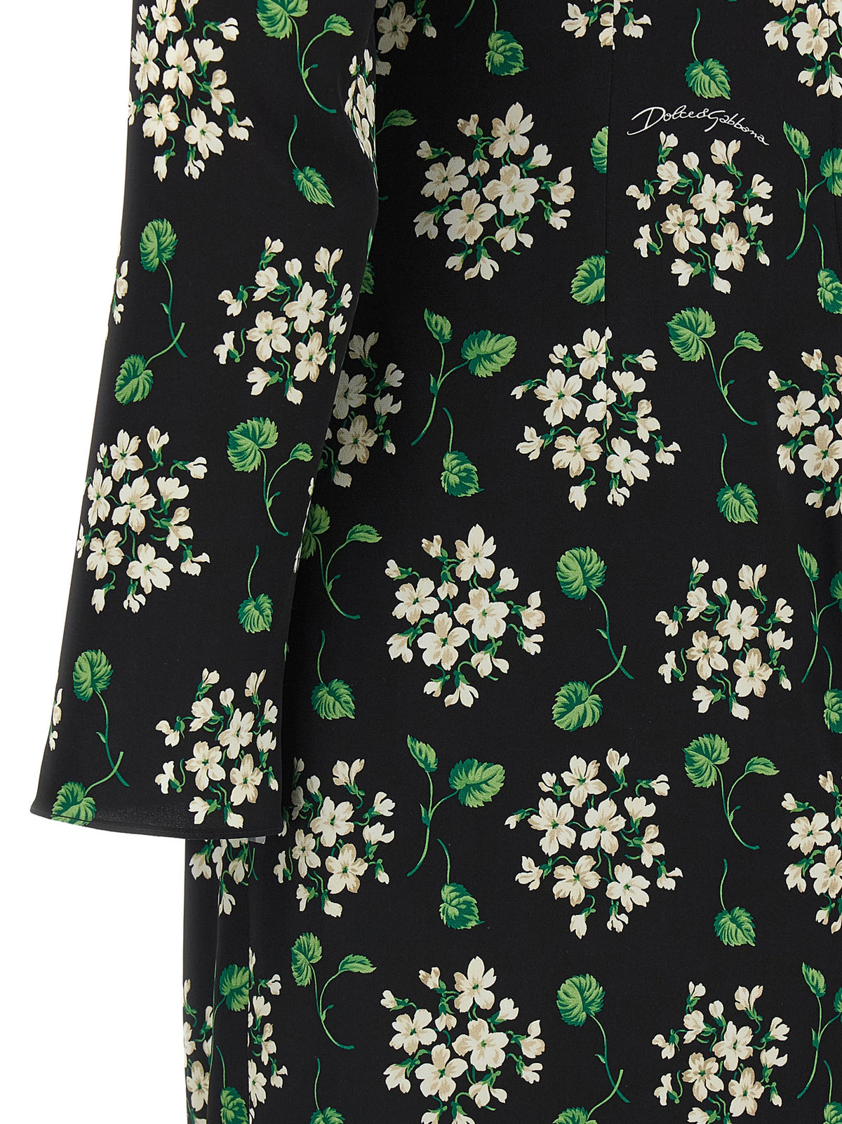 Dolce & Gabbana Women's Long-Sleeve Crew Neck Synthetic Silk Midi Dress - Black Print
