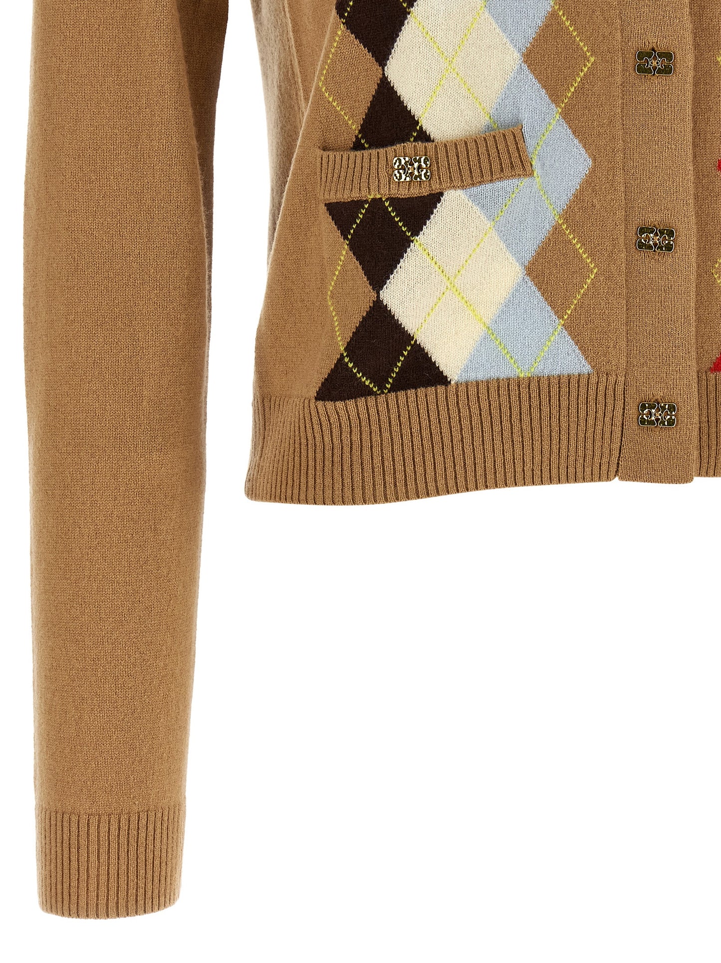 Cardigan by Ganni for women in cashmere beige & patterned presents a textural silhouette, artfully finished with a textural and for a sophisticated, textural look.