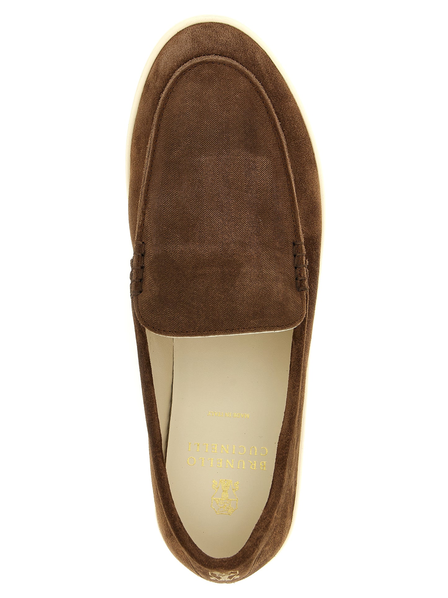 Moccasin Moccasins Loafer Slip-On Shoes by Brunello Cucinelli for men in suede calfskin leather brown & chevron showcases a impeccable silhouette as Men's Suede Calfskin Leather Moccasin Moccasins Loafer Slip-On Shoes, artfully designed with a impeccable and refined for a impeccable finish.