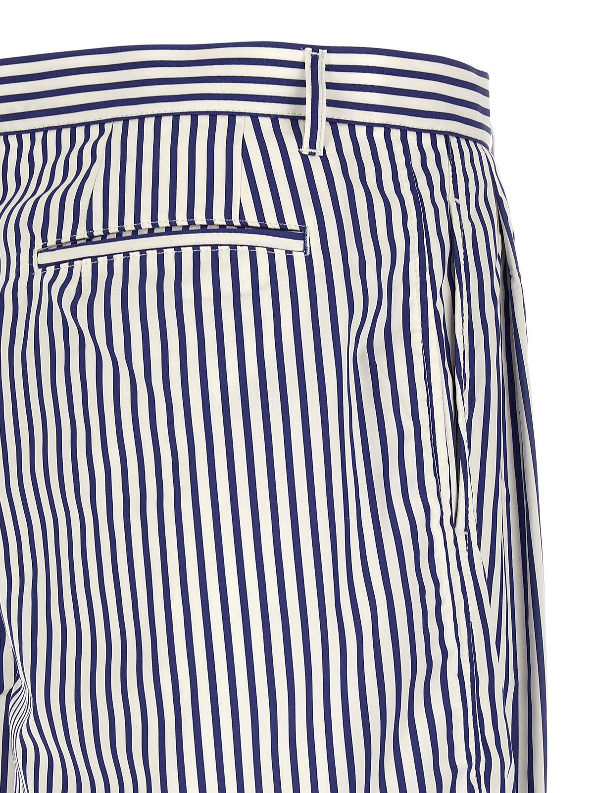 Bermuda Shorts by Comme Des Garçons for men in cotton blue, patterned & striped features an tailored silhouette, showcasing a tailored straight-leg with a short and for a sophisticated look.