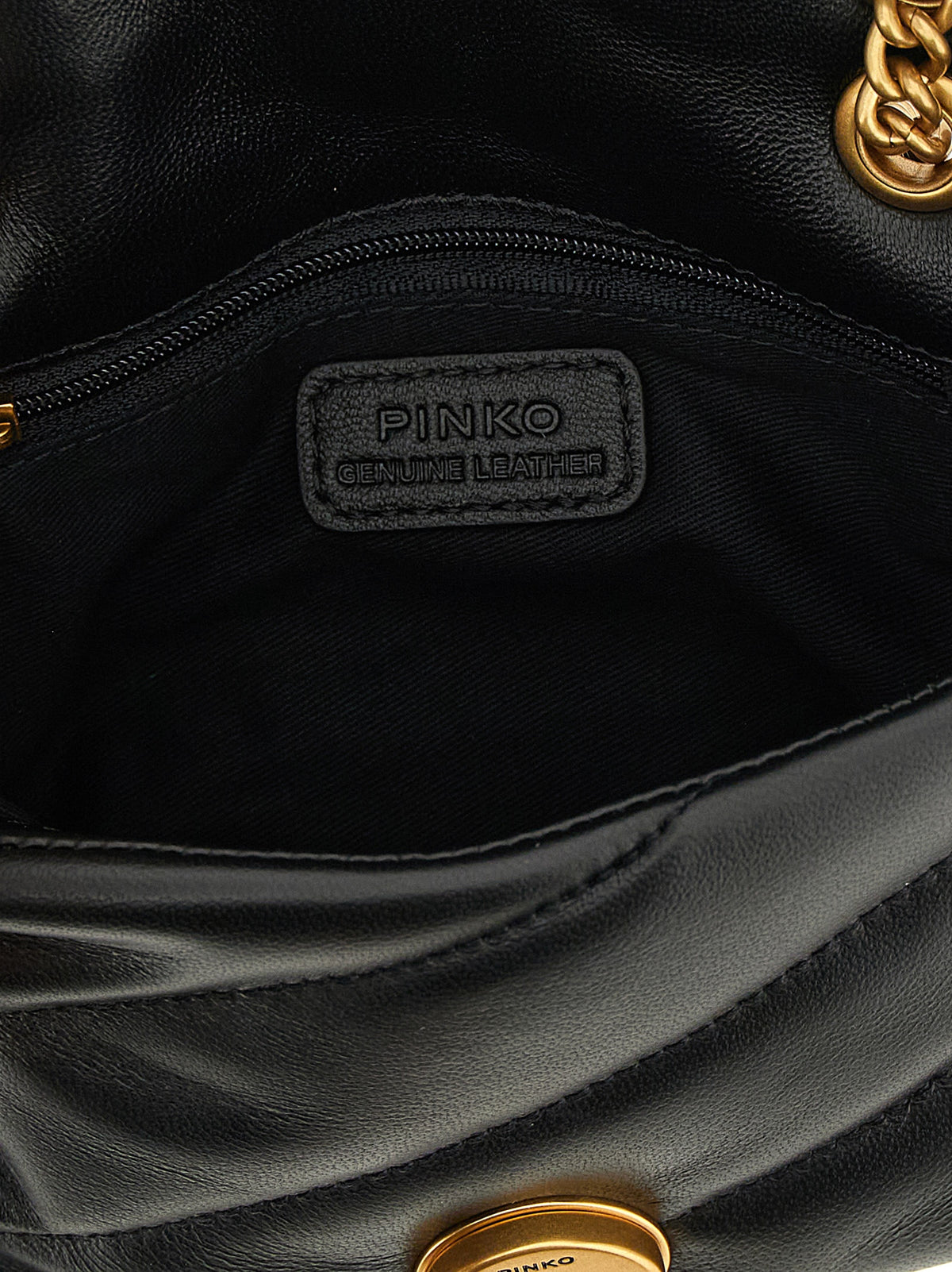 PINKO Baby Love Puff Birds Nappa & Suede Lamb Leather Large Crossbody Flap Handbag - Black Signature