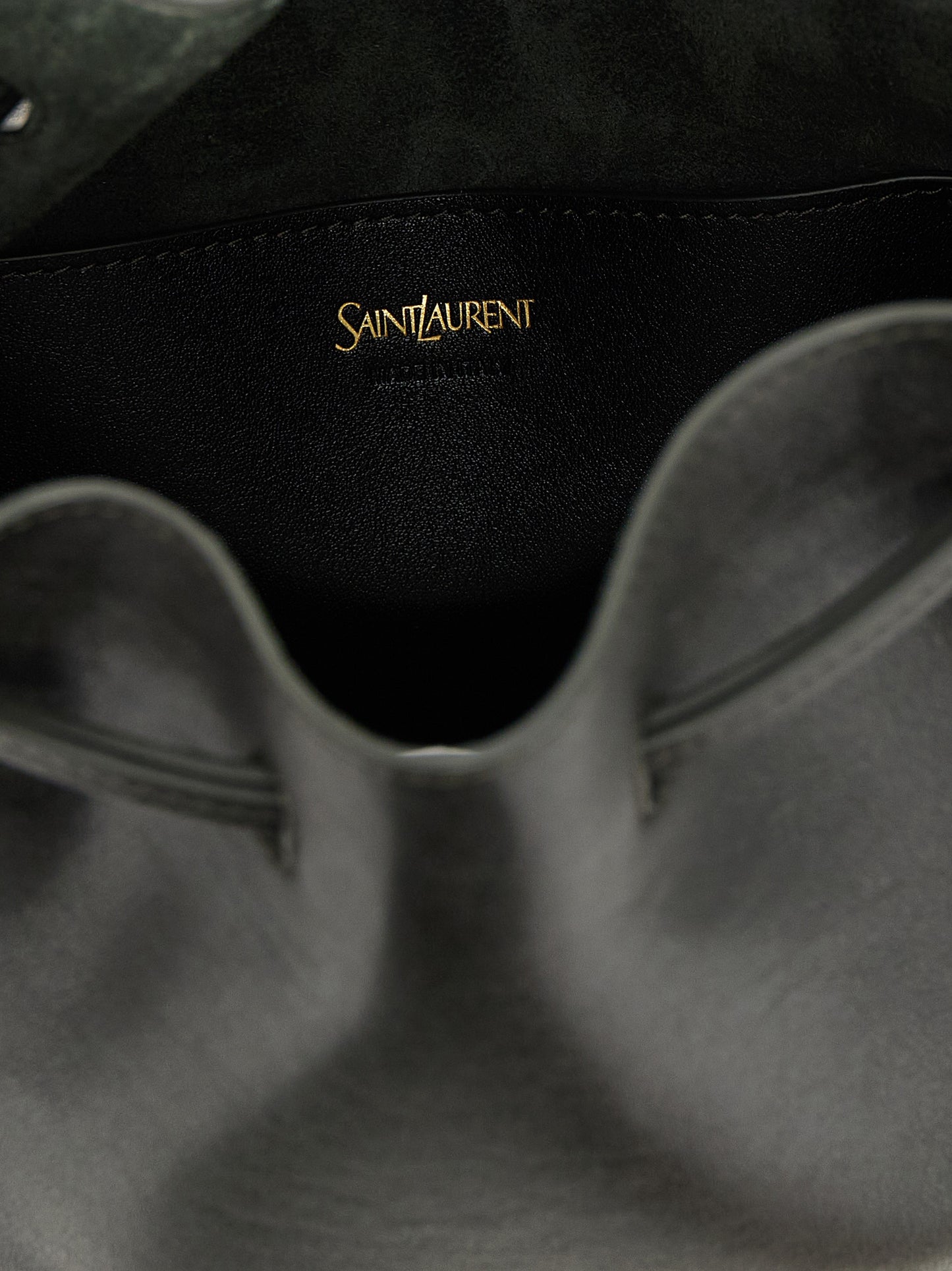 Saint Laurent Cassandre Suede Calfskin Leather Large Crossbody Bucket Handbag - Bicolour Dark Green Signature