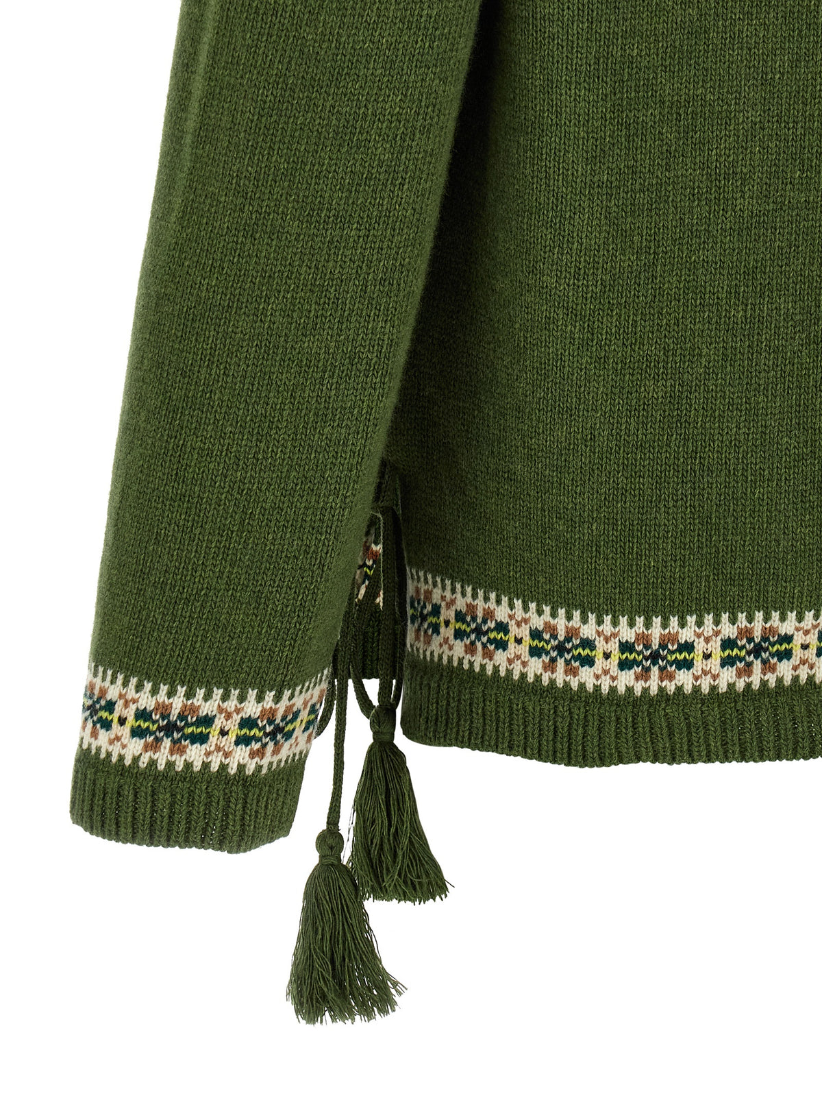 BODE Men's Crew Neck Virgin Wool Cardigan - Bicolour Green Patterned Jacquard
