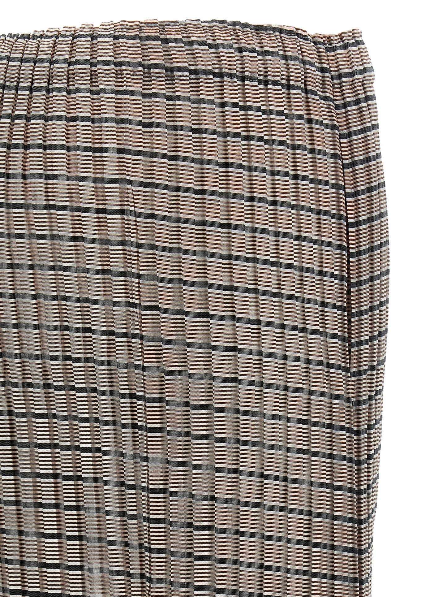 Skirt by Issey Miyake for women in polyester brown, transparent & striped features a contoured silhouette from the Women's Pleated Asymmetrical Polyester Skirt collection, characterized by its contoured mini for a contoured finish.