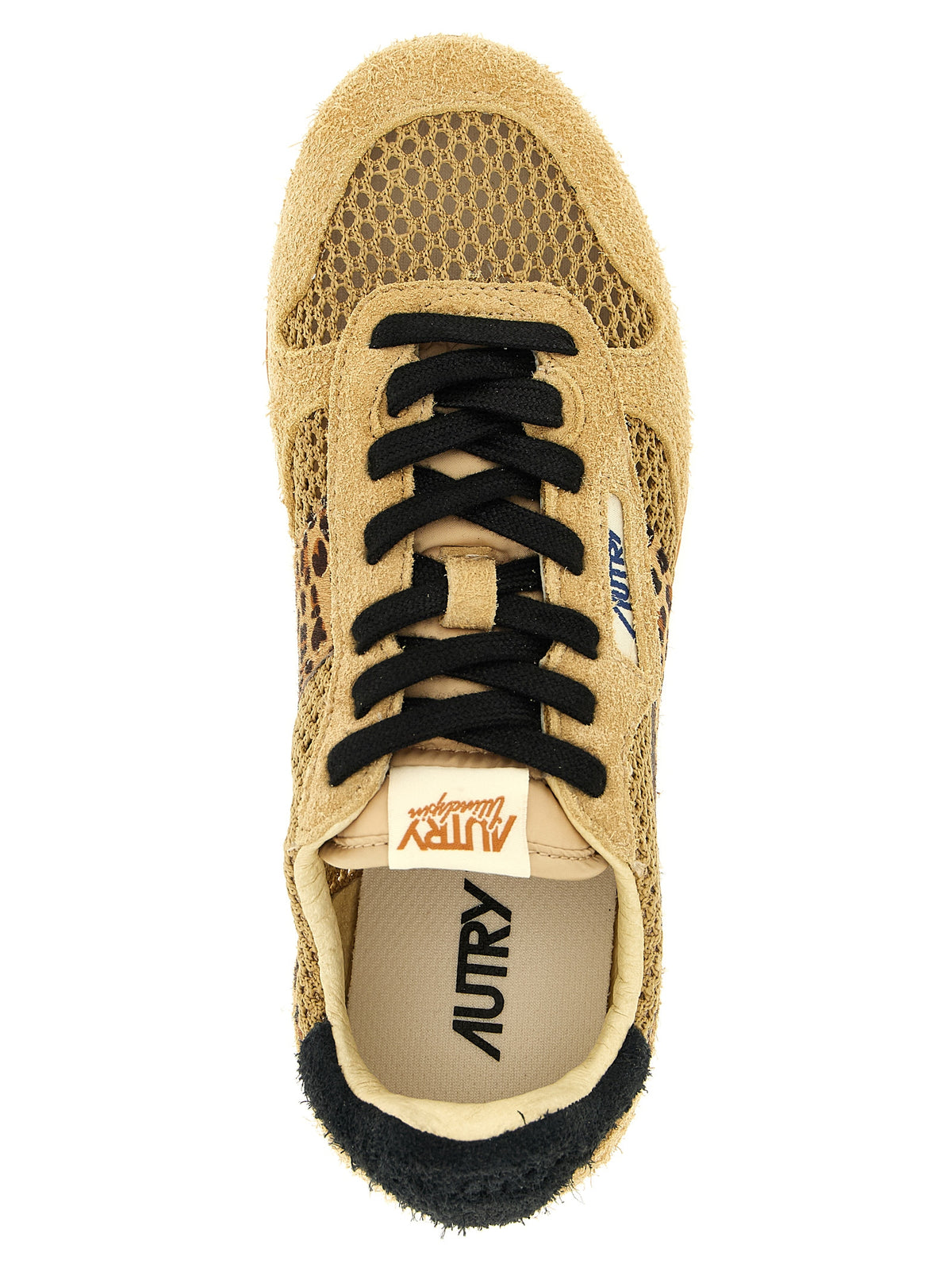 Athletic Sneakers by Autry for women in animal, beige, jacquard & print showcases a architectural silhouette, artfully capturing the essence of the Pony Women's Athletic Nylon Suede Leather & Cotton Terry Cloth Sneakers with its signature architectural athletic style construction.