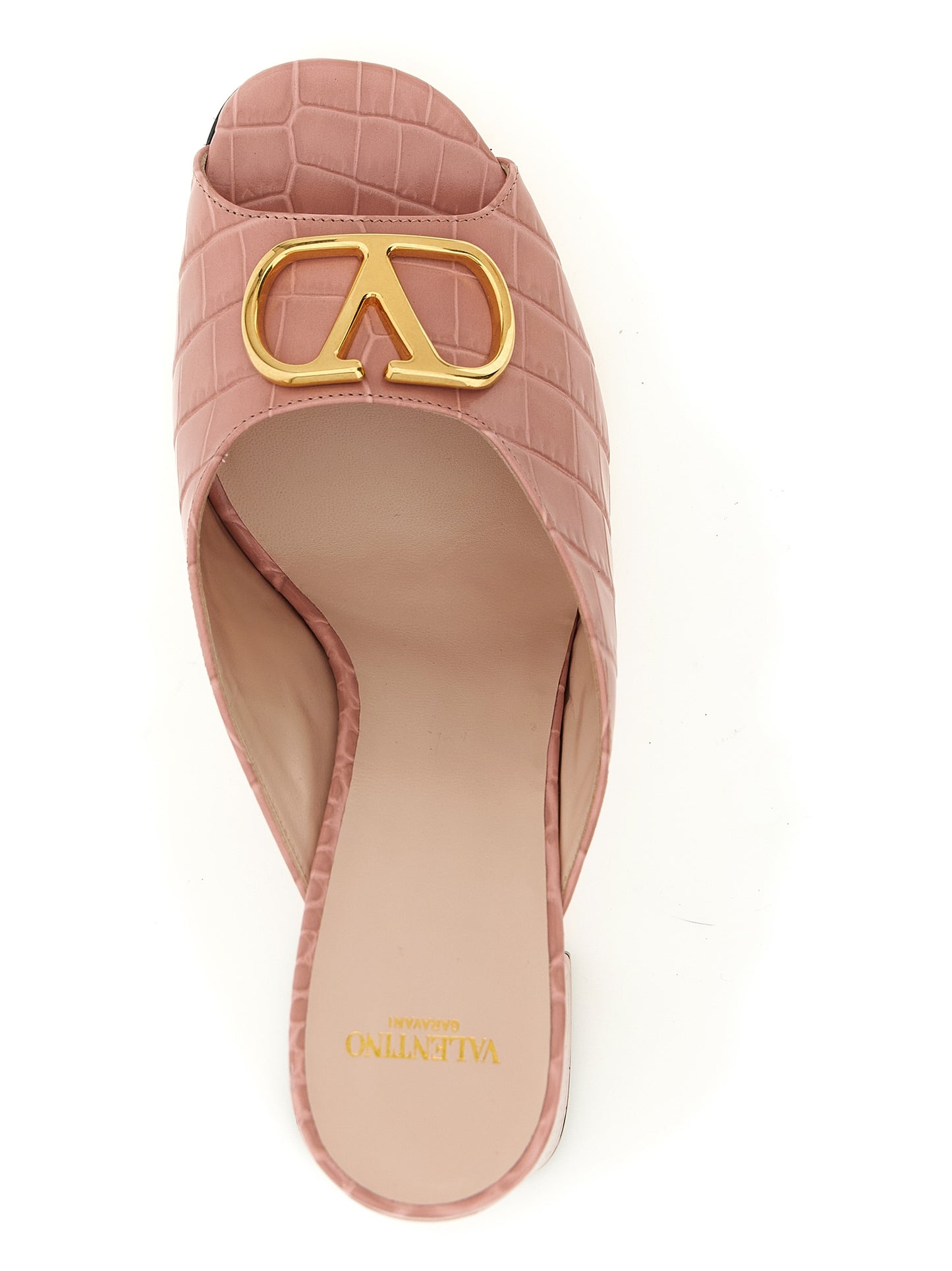 Valentino Garavani V Logo Women's Crocodile Calfskin Leather Stiletto Slider Sandals - Multicolor Pink Signature
