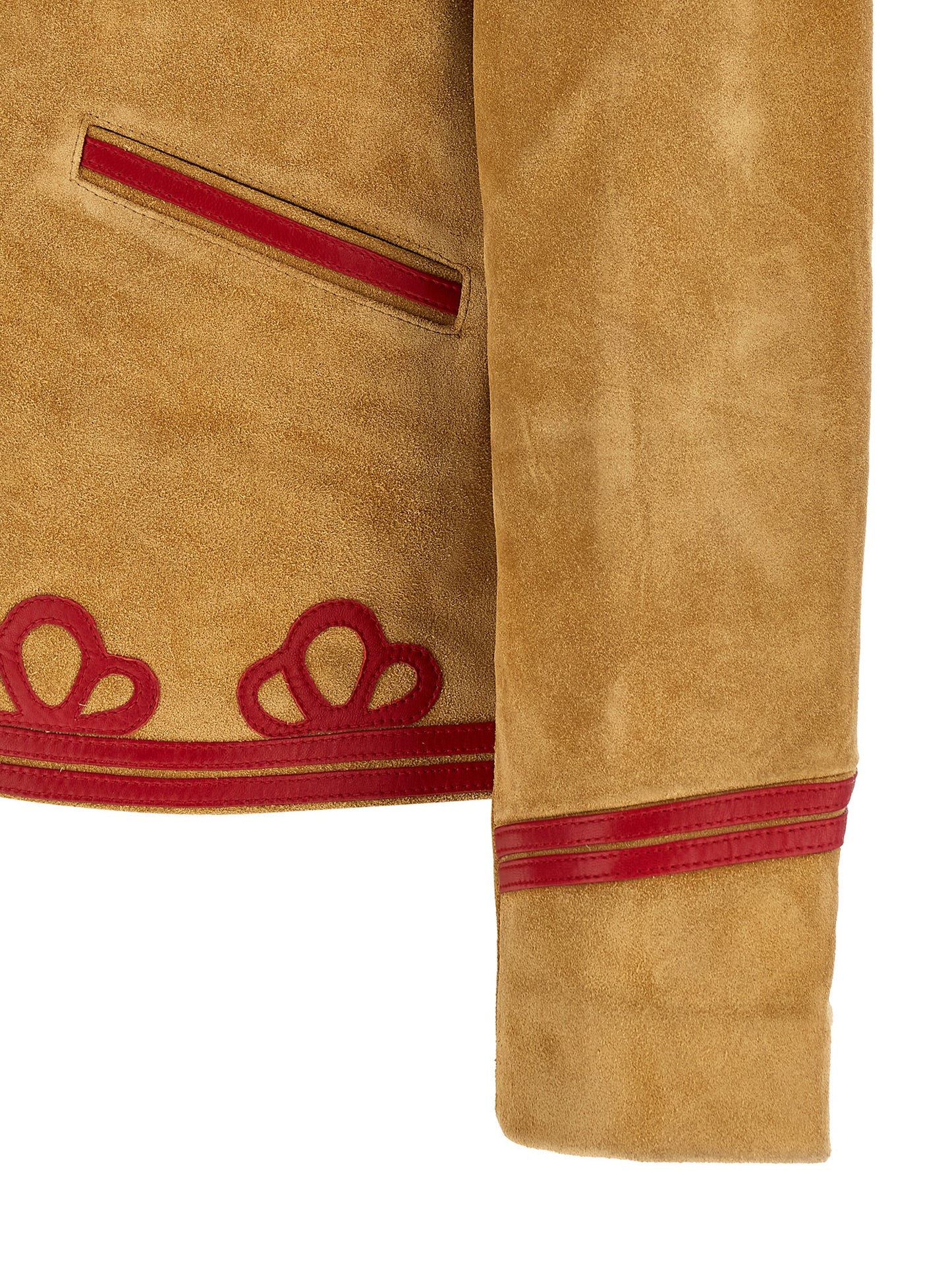 Jacket by BODE for men in bos taurus suede cowhide leather beige & horn showcases a contemporary silhouette, detailed with a contemporary and premium pockets for a sophisticated finish.