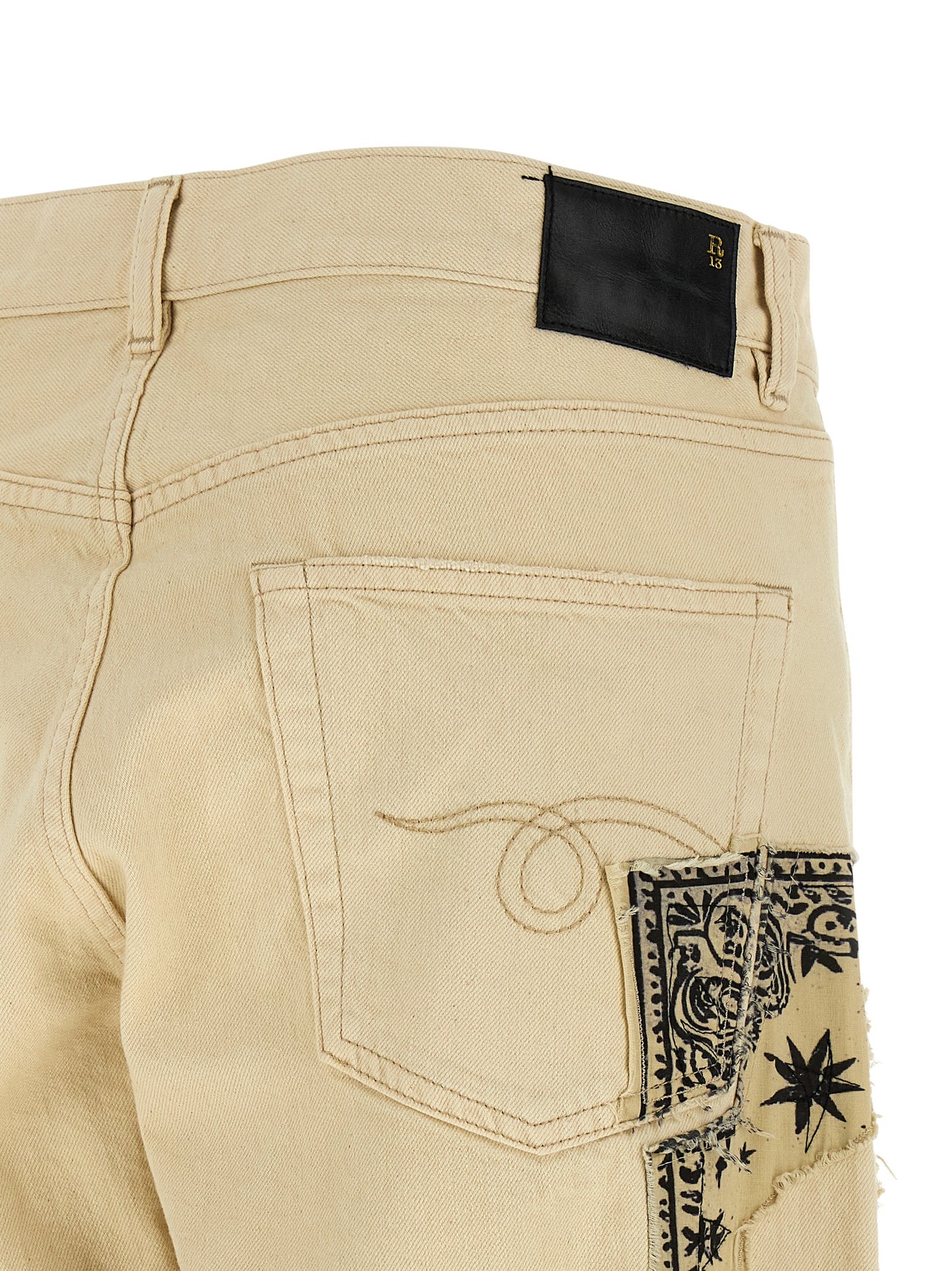 R13 Women's Straight Leg Regular Fit Wide Denim Cotton Jeans - Beige Signature Print