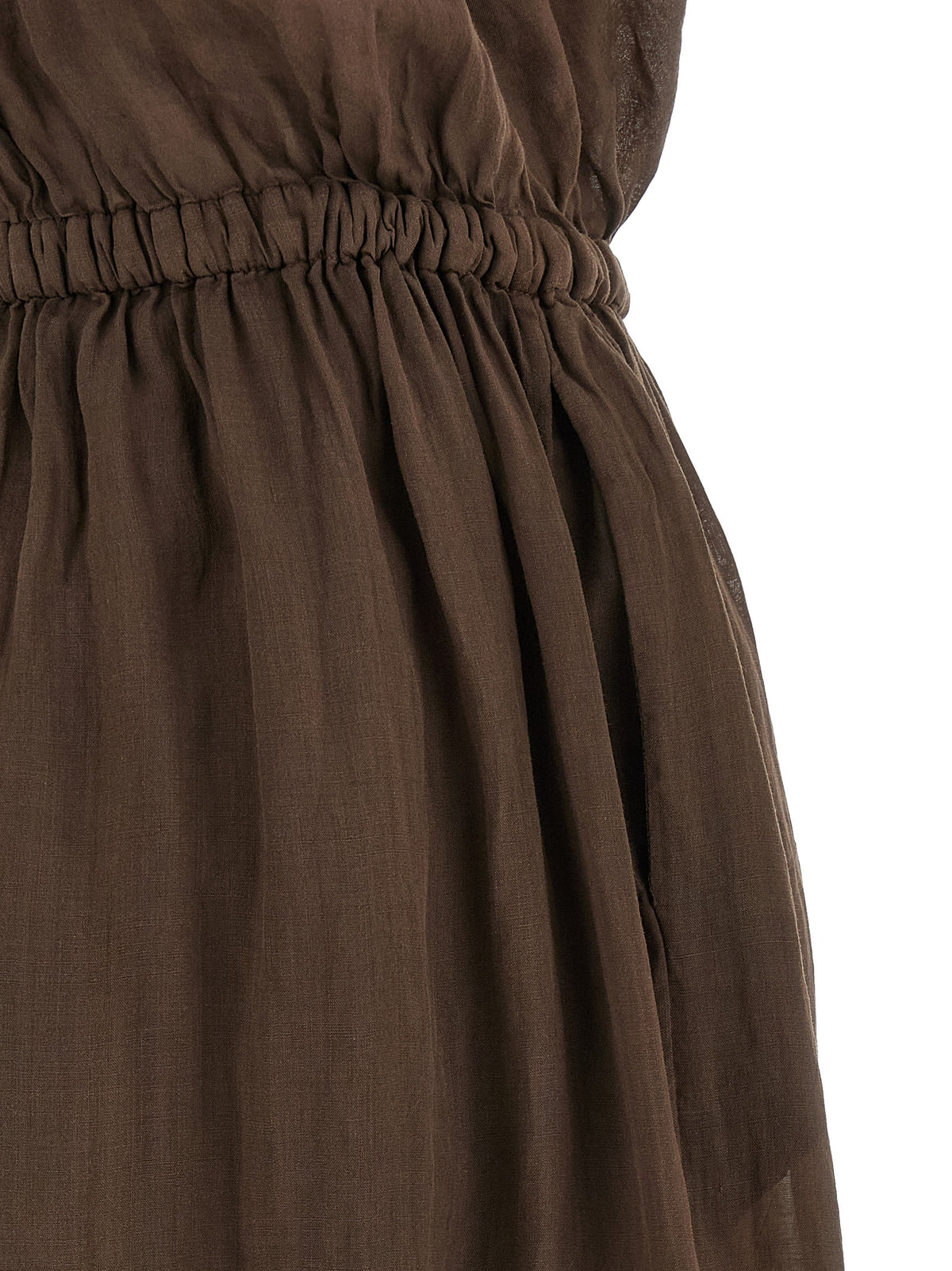 Dress by NUDE for women in linen brown & nude presents a sinuous silhouette, showcasing a sophisticated and detailed with a sinuous long for a refined finish.