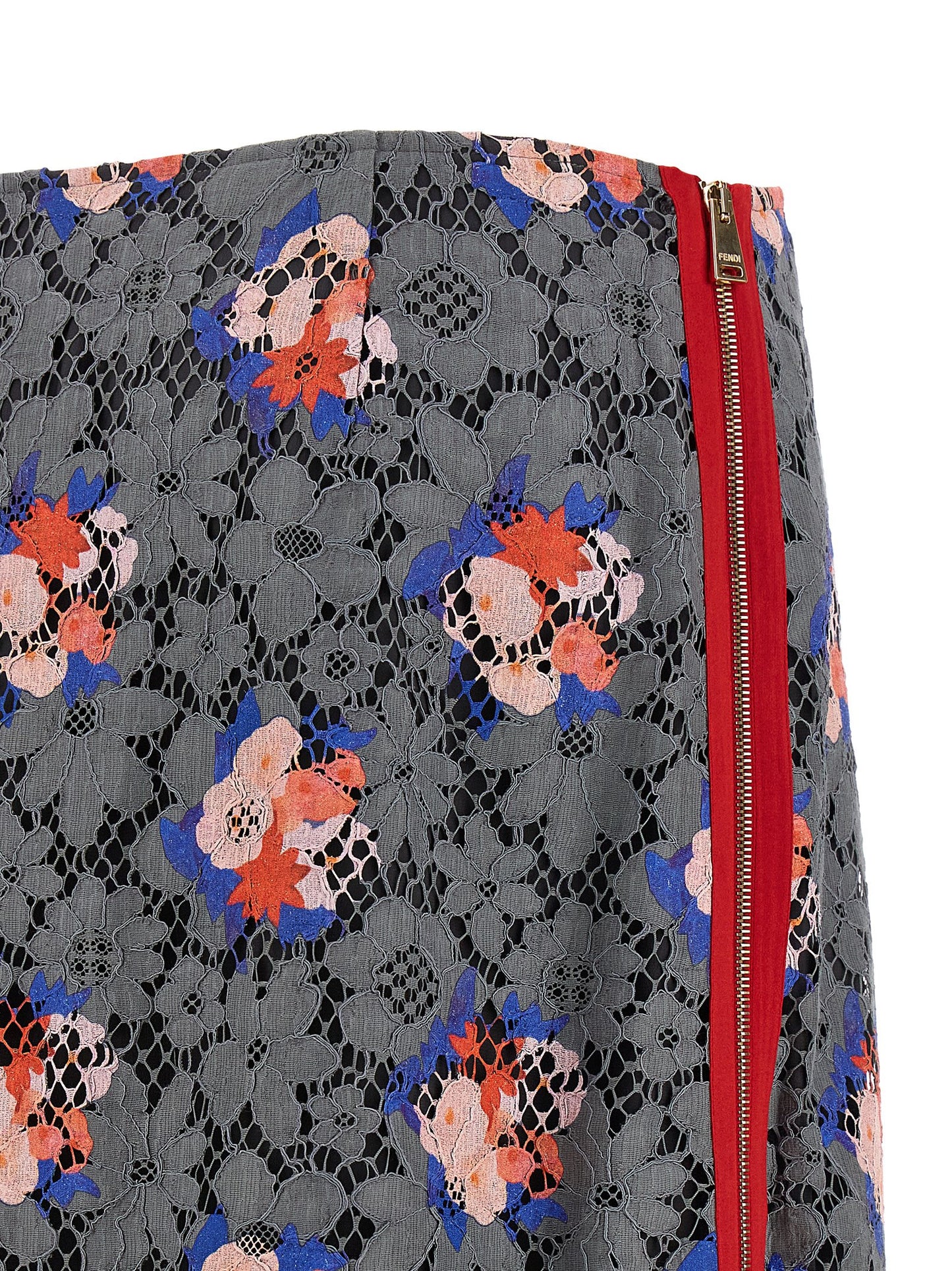 Skirt by Fendi for women in polyamide viscose & cotton gray, floral & print features an relaxed-yet-refined silhouette that elegantly showcases the Women's Flared Polyamide Viscose & Cotton Midi Skirt design and sophisticated midi.