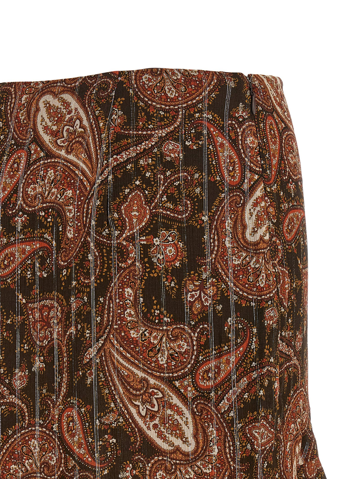 Skirt by The Andamane for women in lurex polyester viscose & silk brown, patterned, paisley & print showcases a sultry silhouette, elegantly defined by its mini and the sophisticated sultry design of the Camelia Women's High Rise Lurex Polyester Viscose & Silk Mini Skirt.