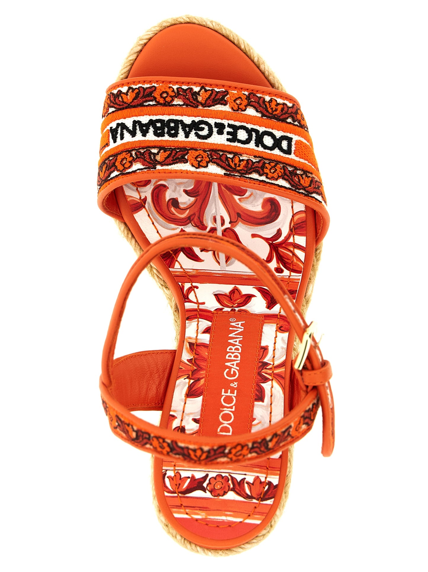 Dolce & Gabbana Maiolica Women's Lamb Leather & Cotton Wedge Ankle Strap Sandals - Orange Patterned