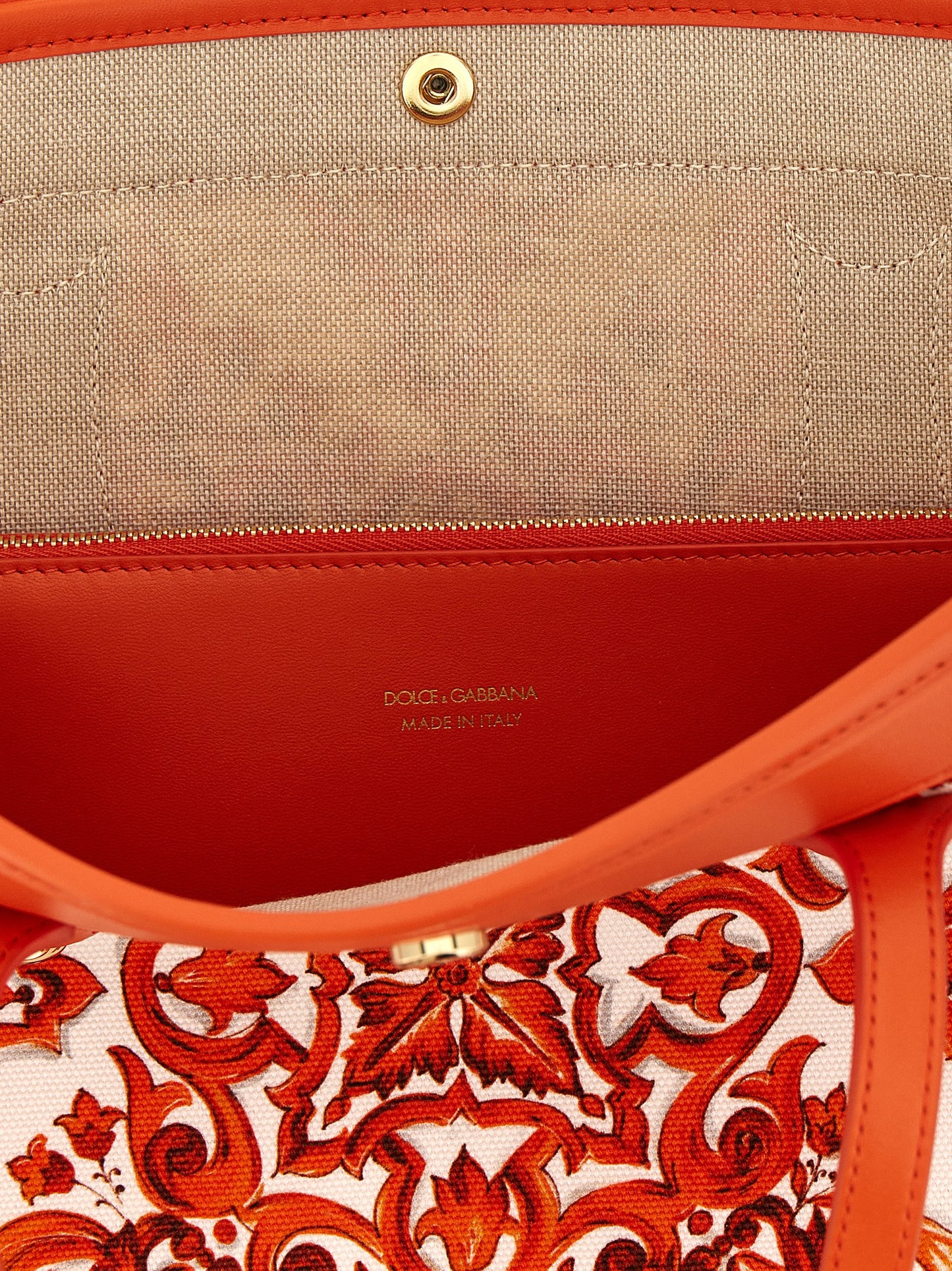 Dolce & Gabbana Atene Maiolica Calfskin Suede Leather Shopper Tote Clutch Bag - Gold Orange Print