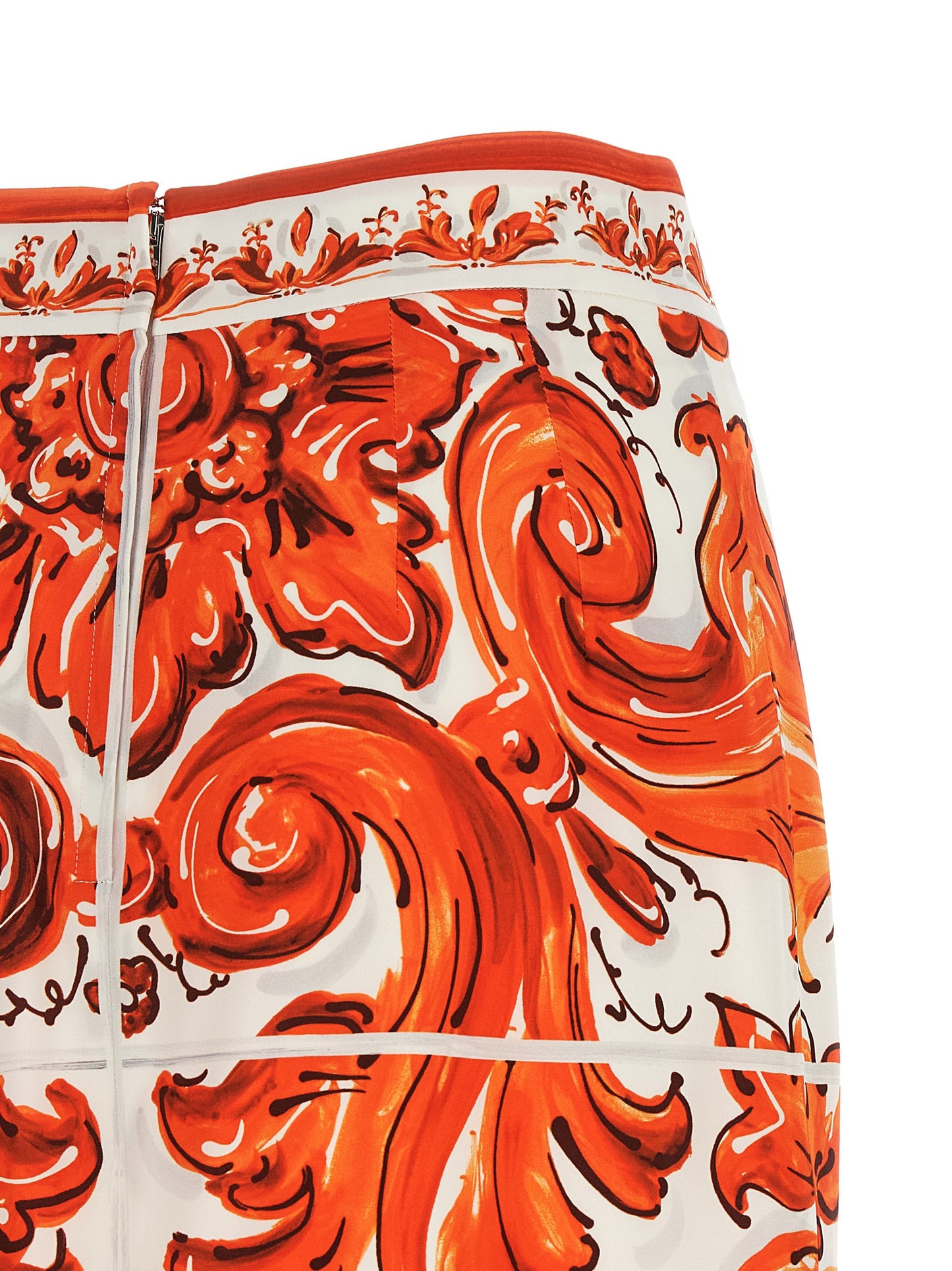 Dolce & Gabbana Essence Maiolica Women's High Rise Silk Skirt - Orange Print