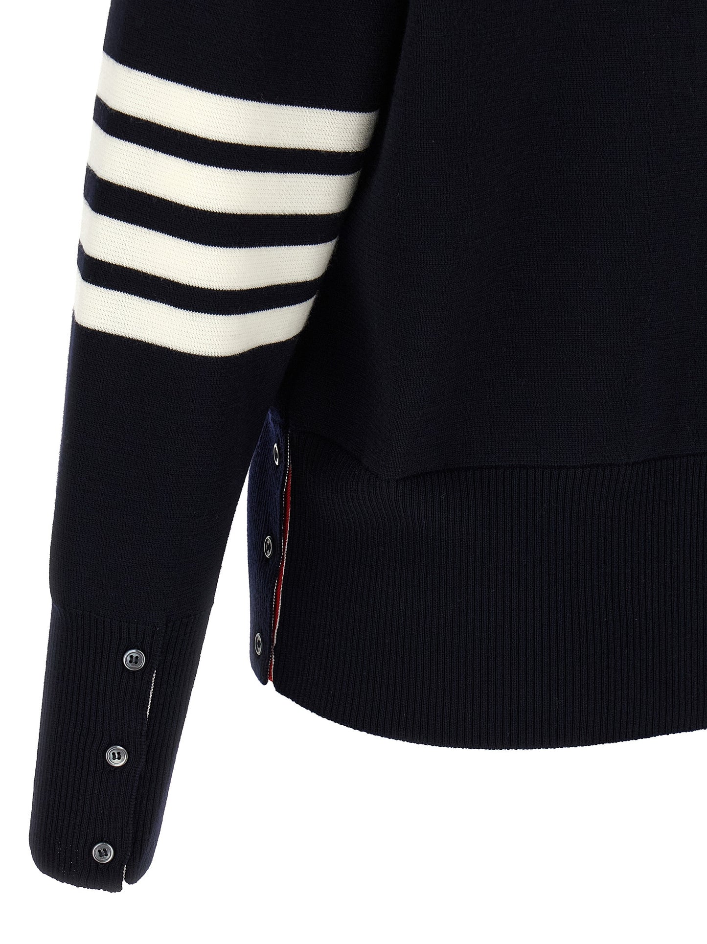 Thom Browne Ribbon Men's V Neck Virgin Wool Cardigan - Blue Jacquard Striped