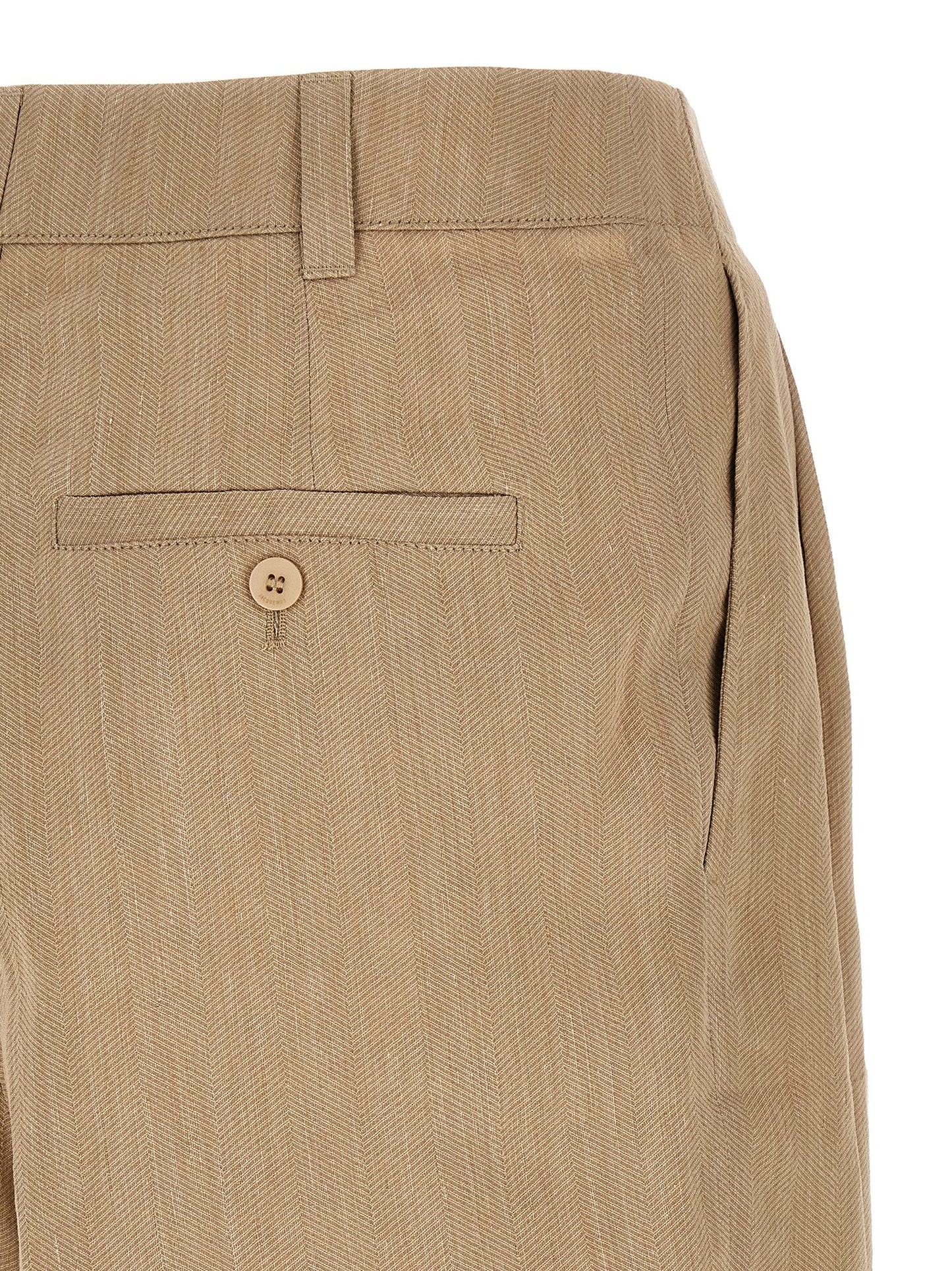 Bermuda Shorts by Jacquemus for men in linen polyamide & viscose beige, patterned & chevron features an tailored silhouette, showcasing a tailored wide with a short and mid rise for a sophisticated look.