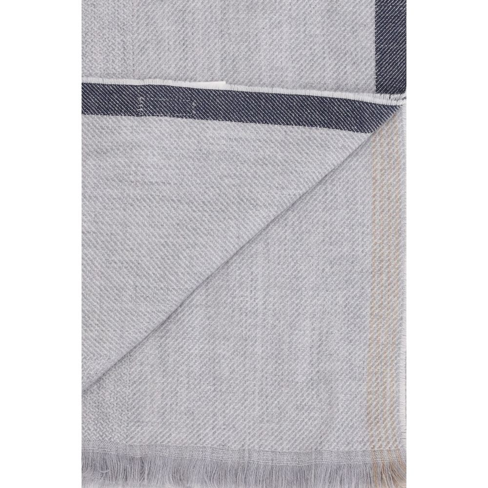 Brunello Cucinelli Cashmere Wool Wrap Frayed-Edge Scarf - Gray Patterned