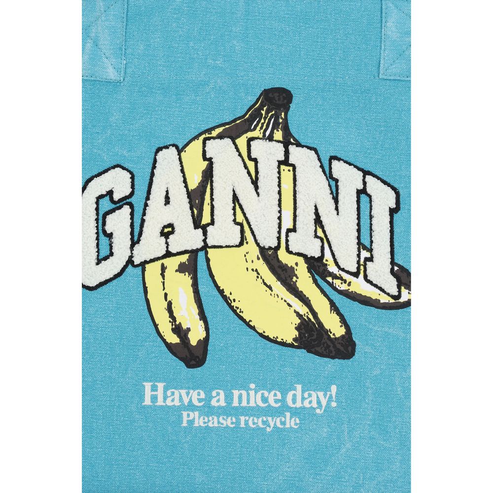 Ganni Cotton Medium Shoulder Tote Bag - Blue Signature Print Print