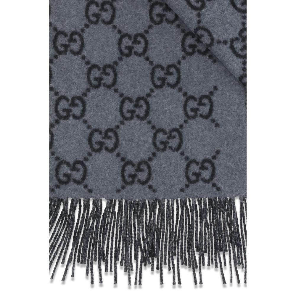 Gucci Gg Cashmere Foulard Fringes Scarf - Blue Patterned