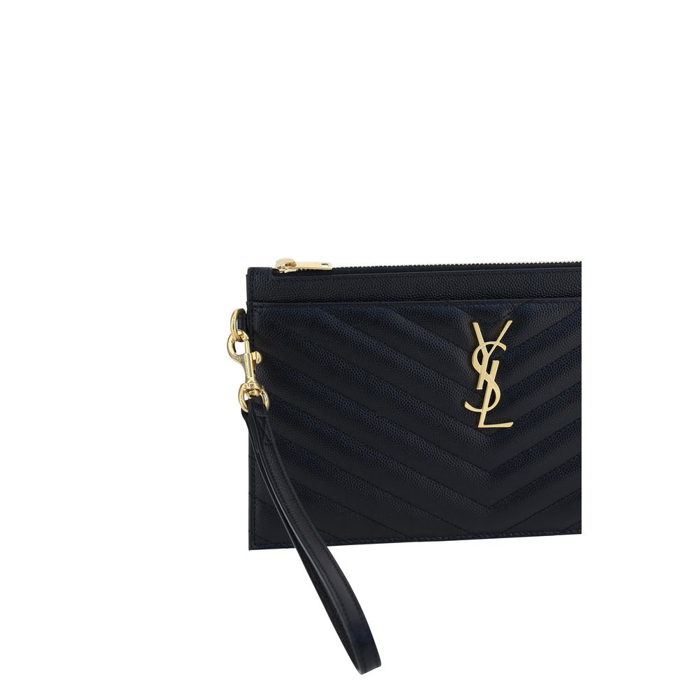 Quilted Clutch Handbag by Saint Laurent for women in bos taurus calf leather black, gold & signature showcases a sculptural silhouette, featuring a secure zipper, ample , and versatile for a sculptural aesthetic.