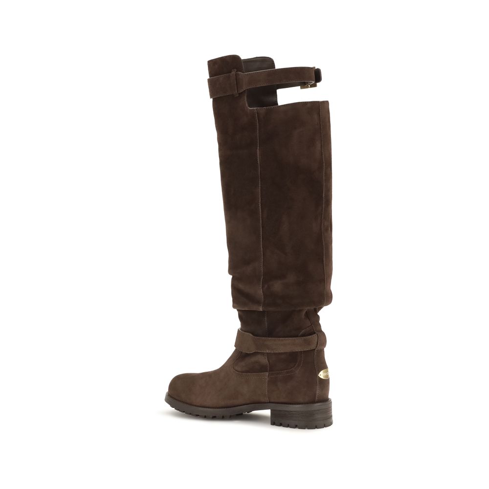 Lace-Up Ankle Biker High Knee-High Strap Boots by Jimmy Choo for women in bos taurus calf suede leather brown features an effortless chic silhouette from the Women's Bos Taurus Calf Suede Leather Lace-Up Ankle Biker High Knee-High Strap Boots collection, showcasing a effortless chic and refined for an effortless chic look.