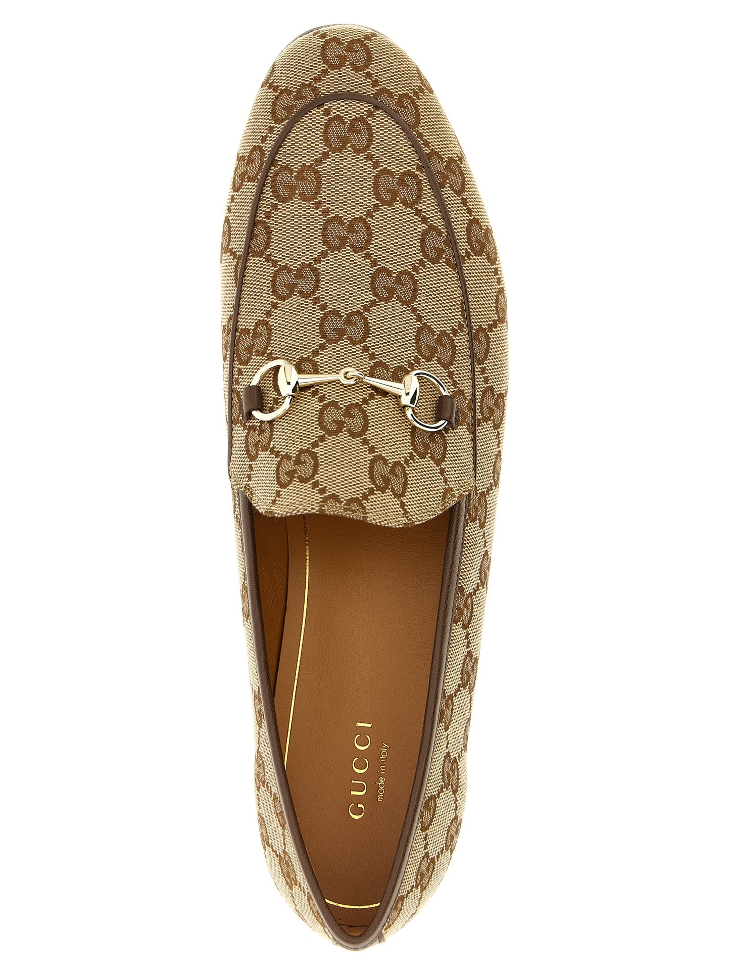 Flat Loafer Slip-On Shoes by Gucci for women in polyamide polyester leather & cotton beige & signature features an effortless chic silhouette, showcasing the Gg Women's Polyamide Polyester Leather & Cotton Flat Loafer Slip-On Shoes design with an effortless chic flat and a for a effortless chic look.