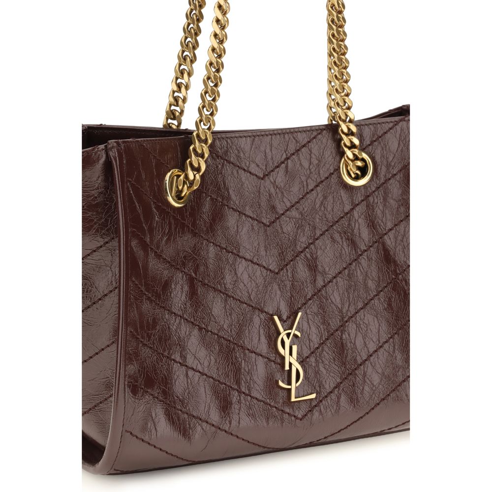 Saint Laurent Cassandre Niki Bos Taurus Calfskin Leather Small Shopper Tote Shoulder Bag - Brown Chevron Signature