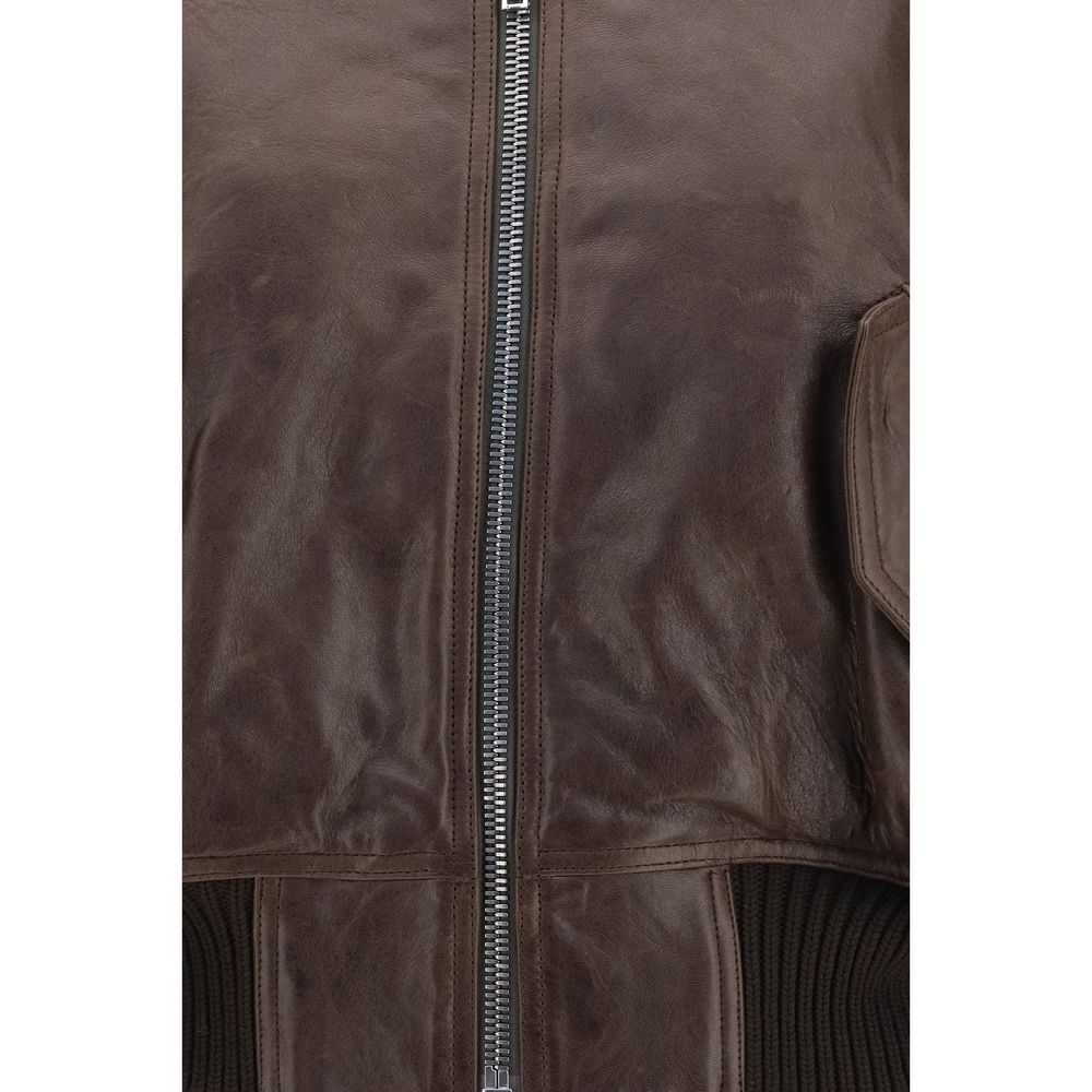 Rick Owens Women's Crop Top Bos Taurus Calf Leather Bomber Jacket - Brown Signature