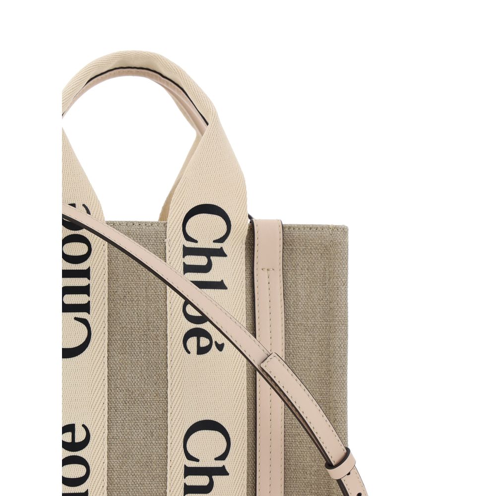 Chloé Woody Linen & Leather Tote Handbag - Brown Monogram Print