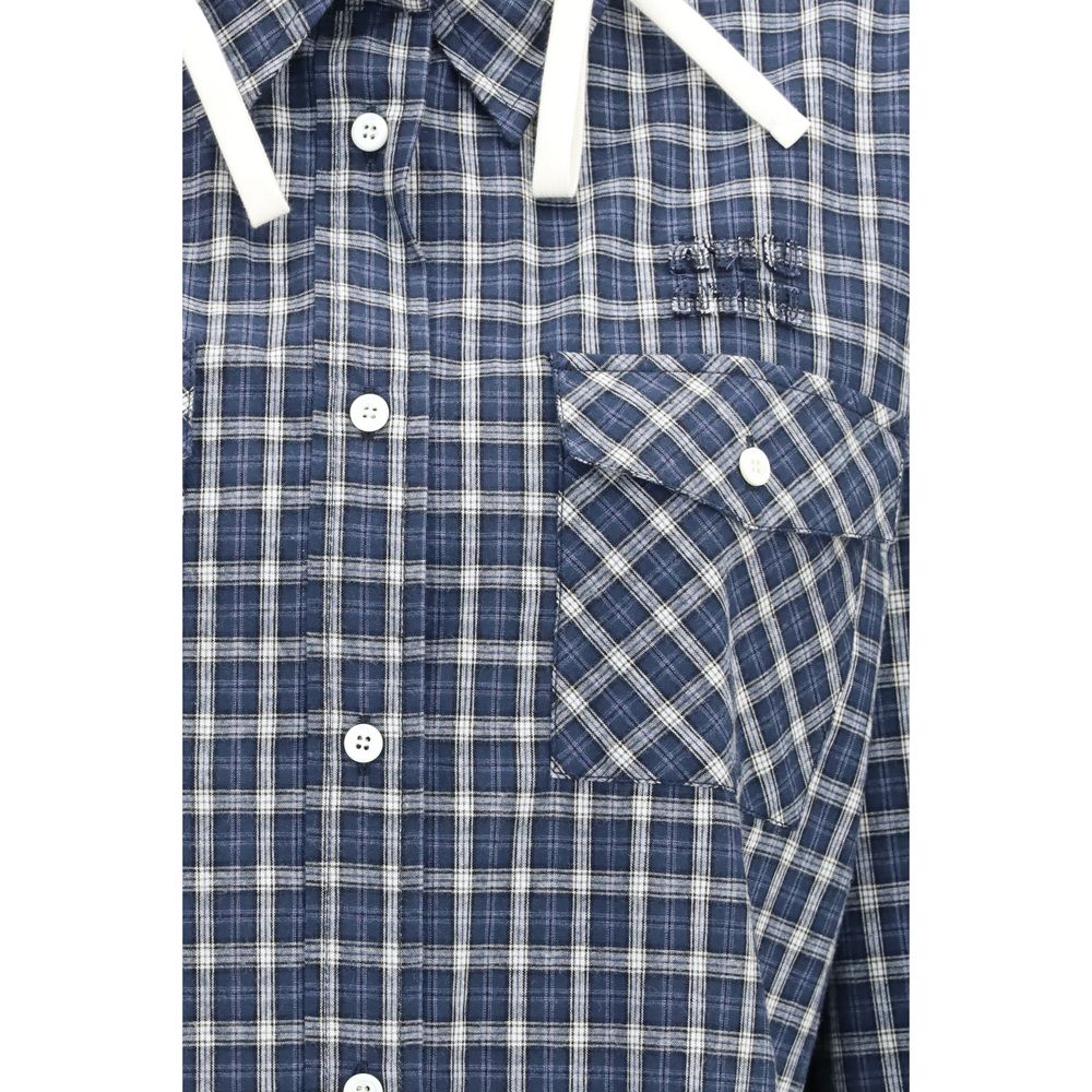 Hooded Shirt by Miu Miu for women in cotton blue, patterned & checked features an architectural silhouette with a refined and elegant for a architectural look.