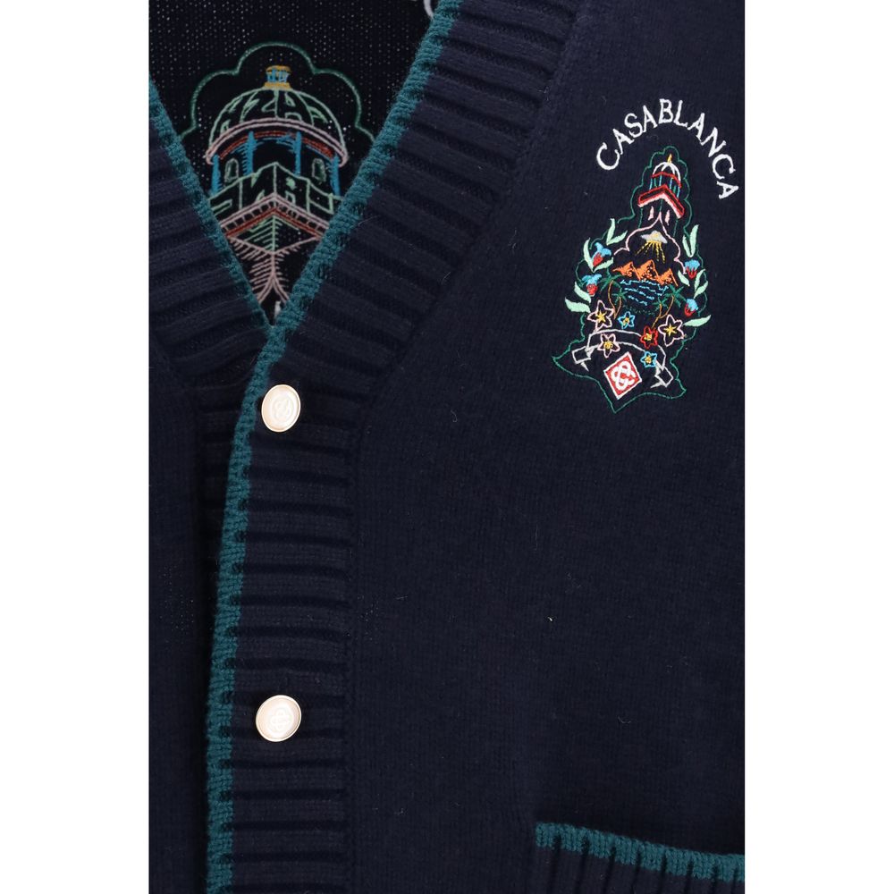 Casablanca Men's Relaxed Fit Regular V Neck Cashmere & Merino Wool Cardigan - Blue Gold