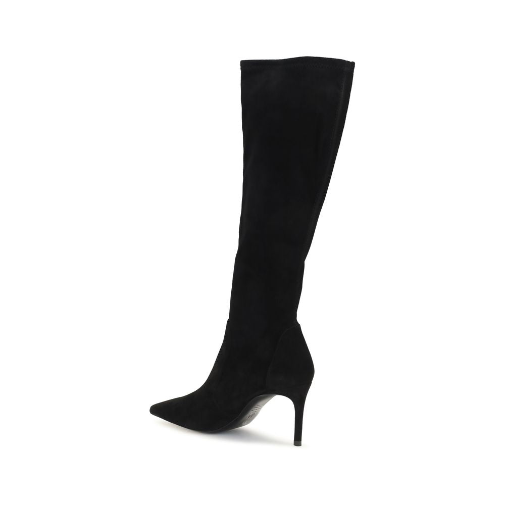Stiletto Boots by Stuart Weitzman for women in bos taurus calf suede leather black showcases a impeccable silhouette as Women's Bos Taurus Calf Suede Leather Stiletto Boots, artfully defined by a impeccable stiletto and a impeccable pointed toe style.