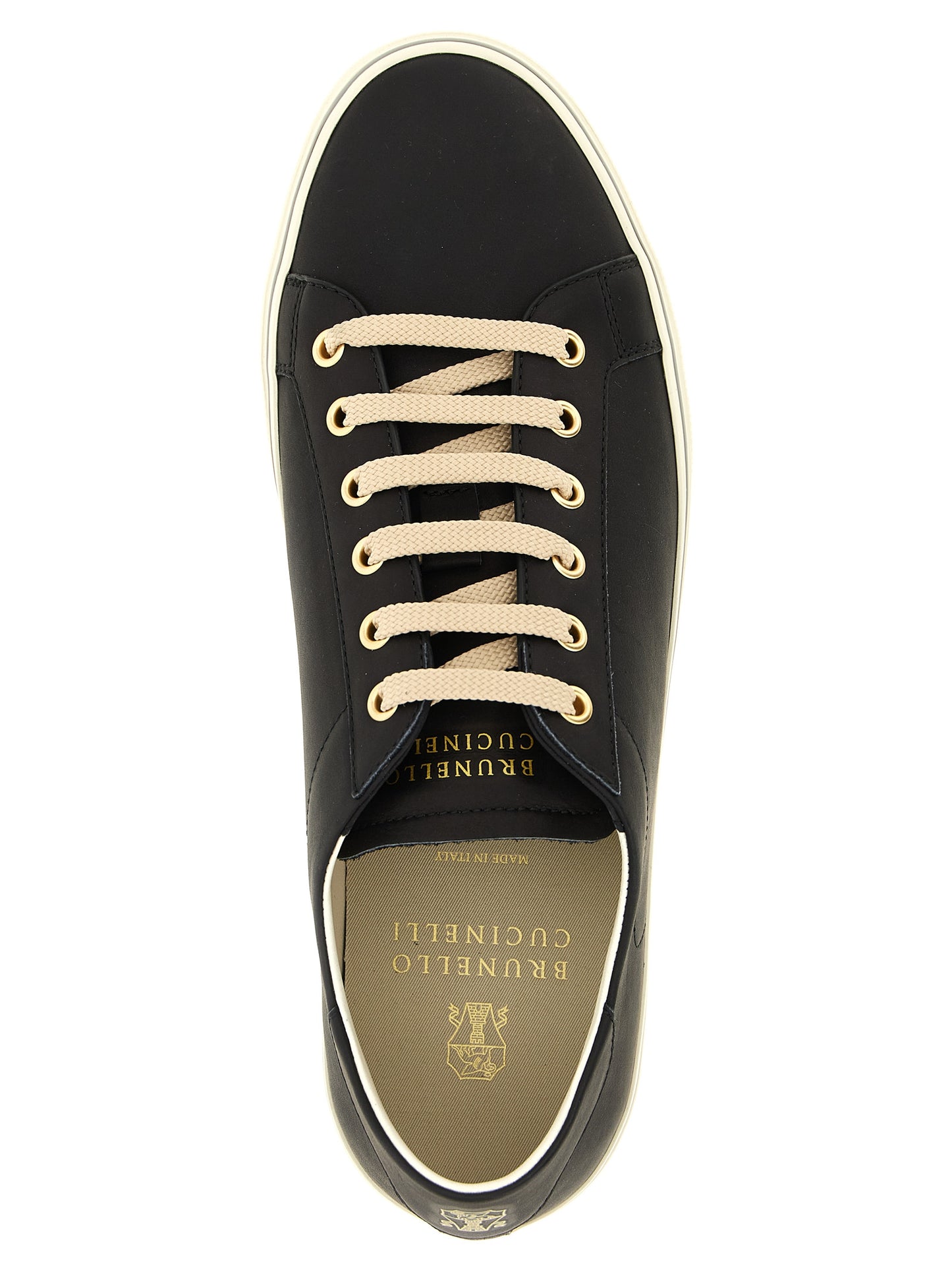 Sneakers by Brunello Cucinelli for men in calfskin leather black, gold & striped features an versatile design from the Men's Low Top Calfskin Leather Sneakers collection, highlighting a versatile low-top style for a premium, high-fashion look.