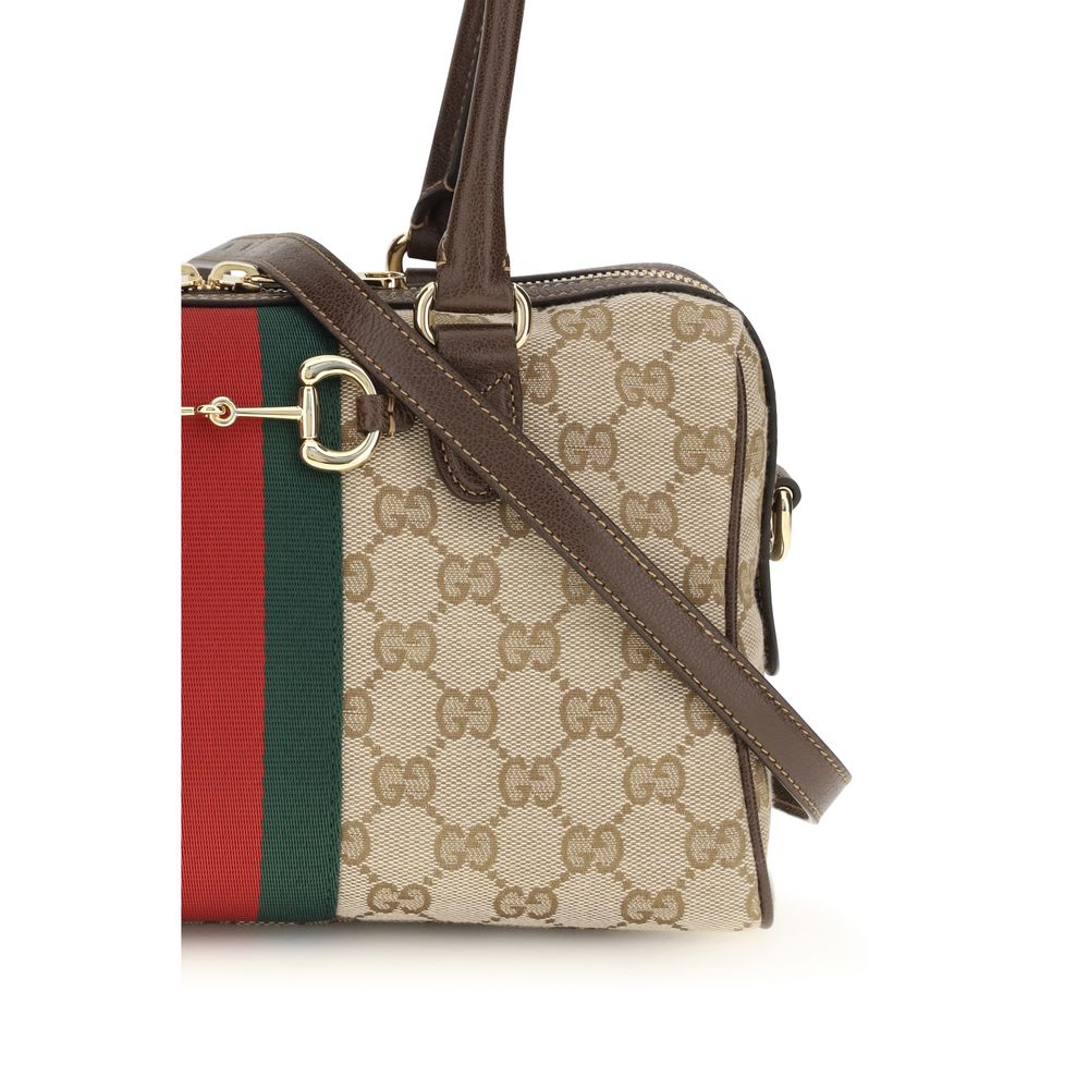Gucci Gg Horsebit Bos Taurus Calfskin Suede Leather Shoulder Handbag - Beige Gold Patterned Striped