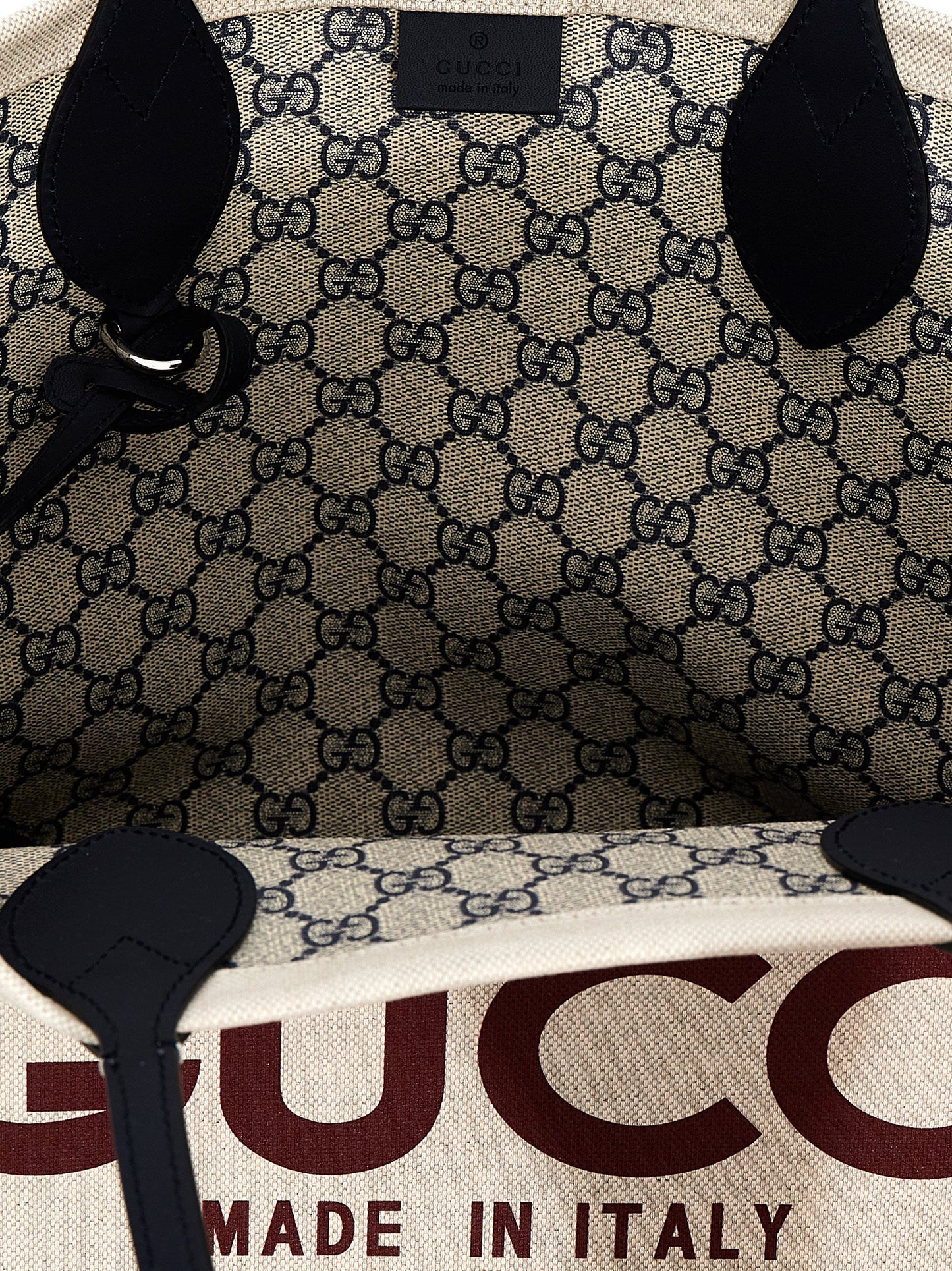 Gucci Cotton & Leather Shopper Pouch Tote Bag - Beige Print