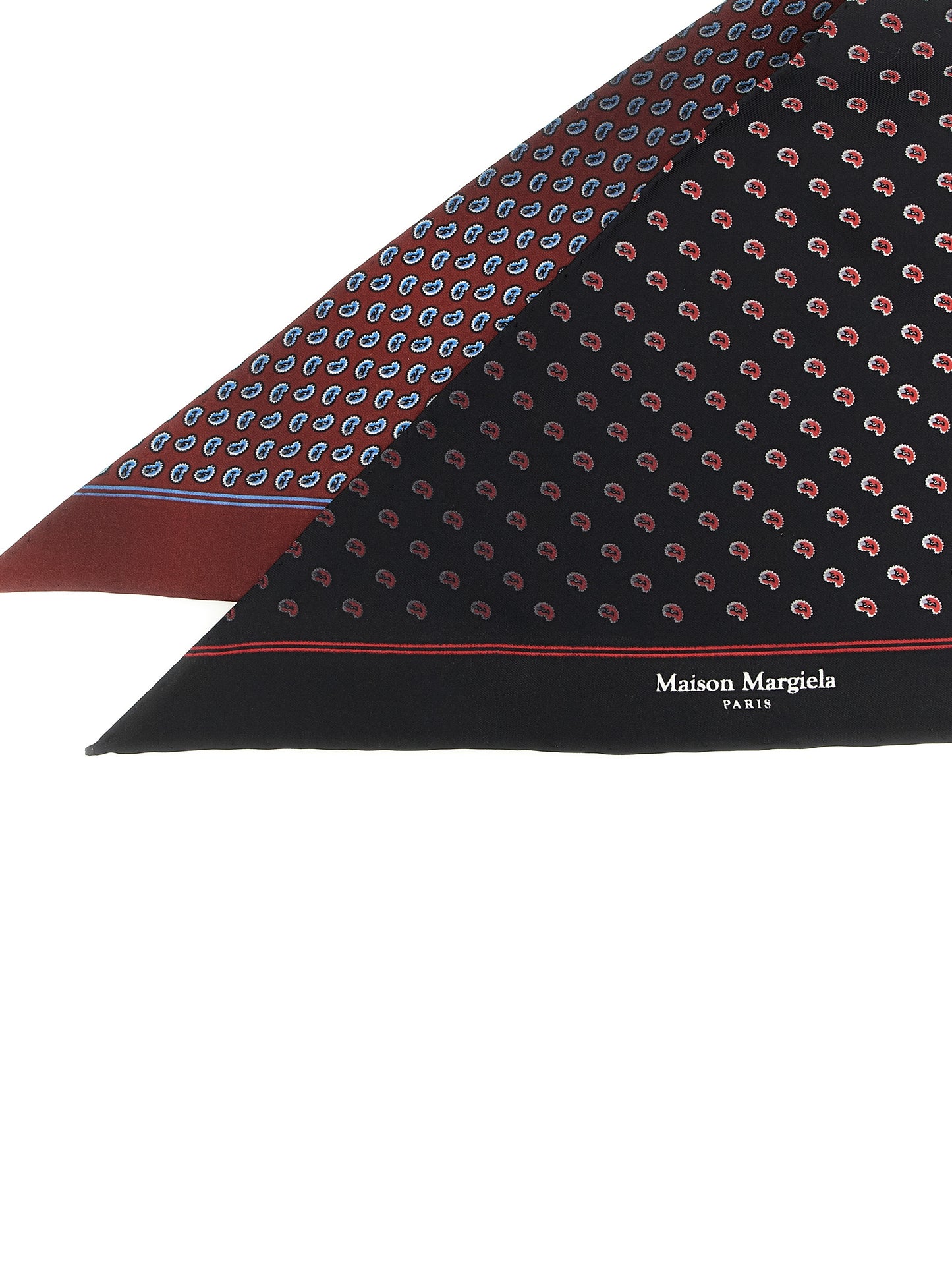 Scarf by Maison Margiela for men in silk black, blue, burgundy, multicolor, red & paisley showcases a eye catching silhouette, artfully capturing the essence of the eye catching Silk Wrap Scarf design for a sophisticated look.